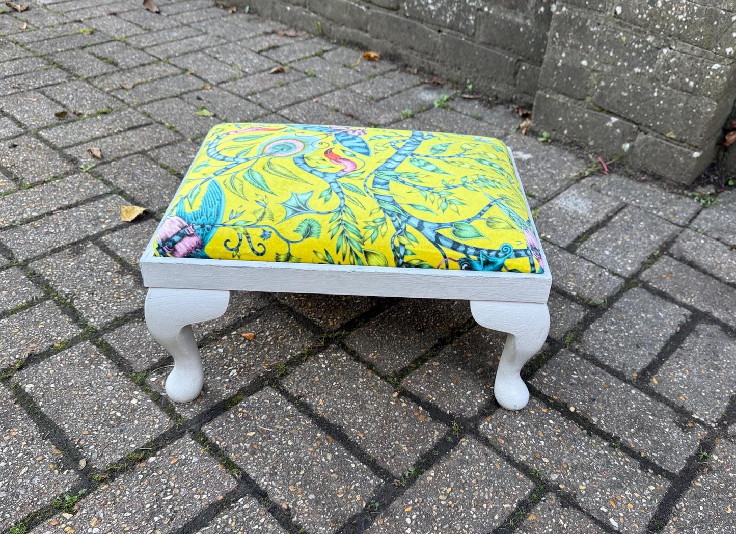 painted chalk grey vintage painted stool with new green colourful fabric