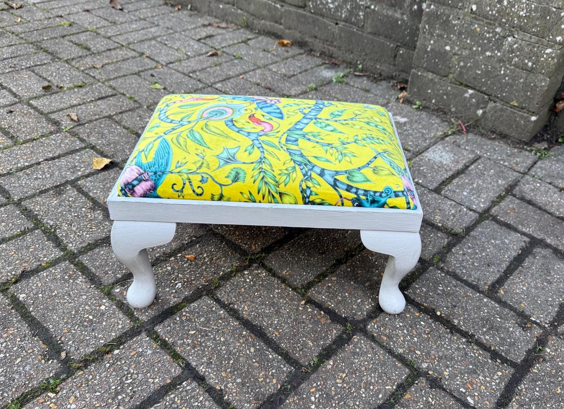 painted chalk grey vintage painted stool with new green colourful fabric