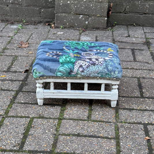 reupholstered vintage stool. grey botanical bold animal fabric. Delightful charming coloruful