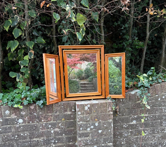golden yellow pine triple mirror. 1980s pine mirror. tri fold mirror in pine. vgc