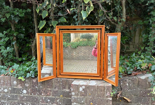 golden pine mirror. triple mirror in wood pine. pine 1980s mirror