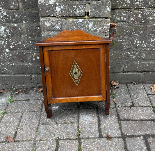 1920s 1930s mahogany wall cupboard with marquetry detail. gorgeous small wooden cupboard. antique wall cupboard