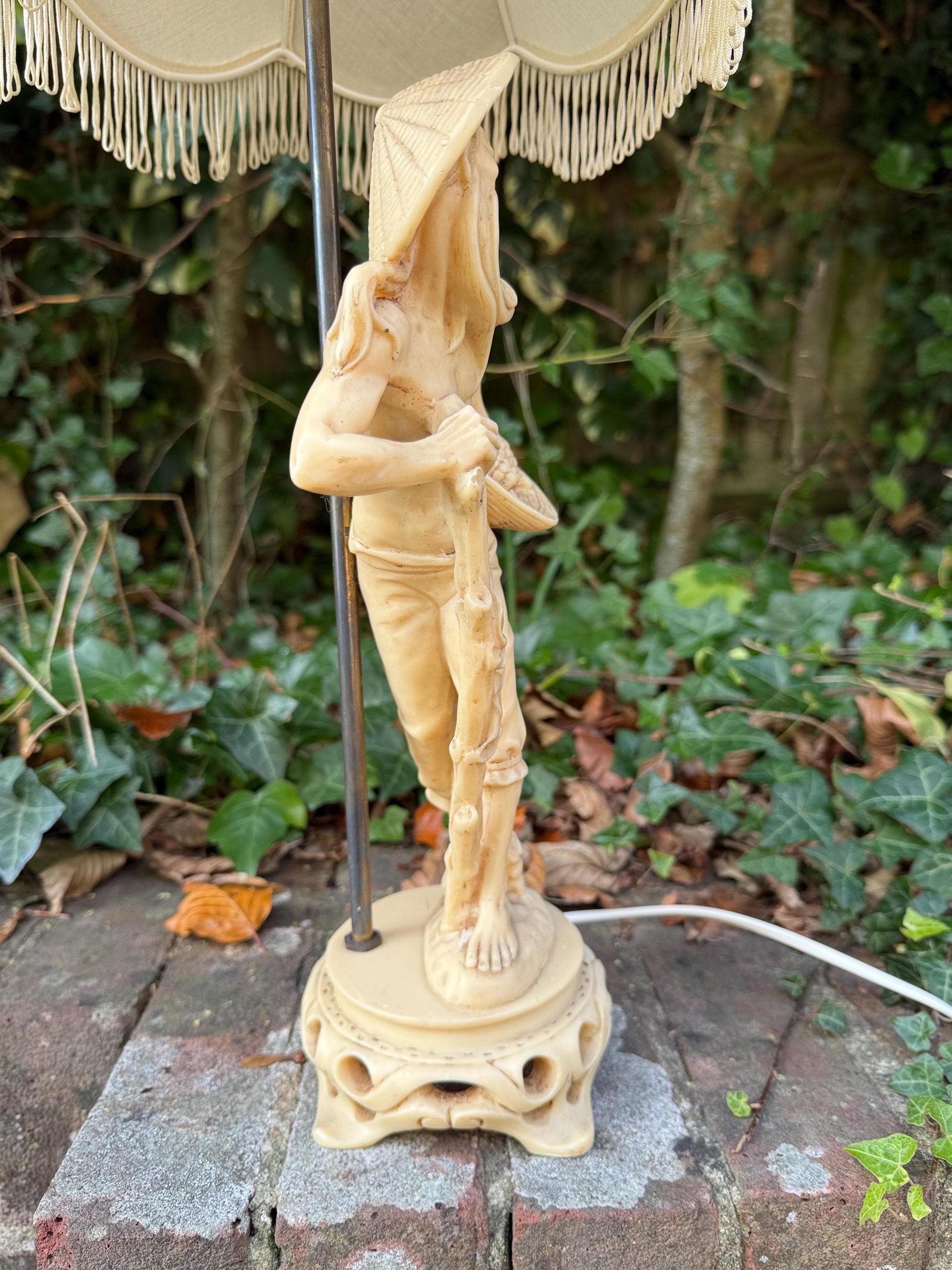 Vintage 1960s Oriental-Style, Oriental Man with baskets of produce, Resin Lamp with Fabric Shade - VGC, working retro lamp, original shade