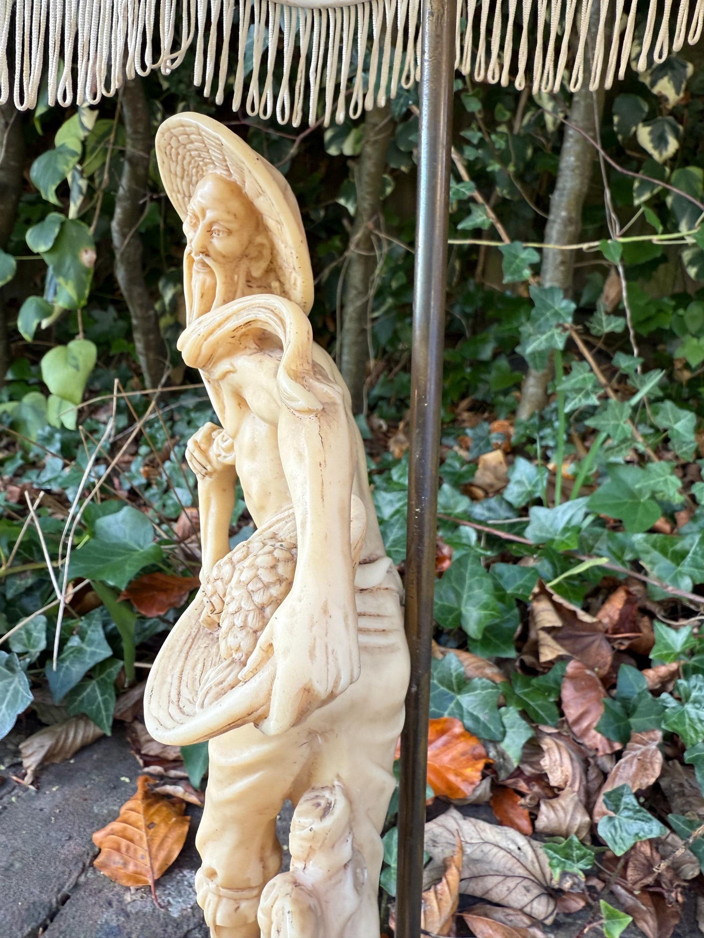 Vintage 1960s Oriental-Style, Oriental Man with baskets of produce, Resin Lamp with Fabric Shade - VGC, working retro lamp, original shade