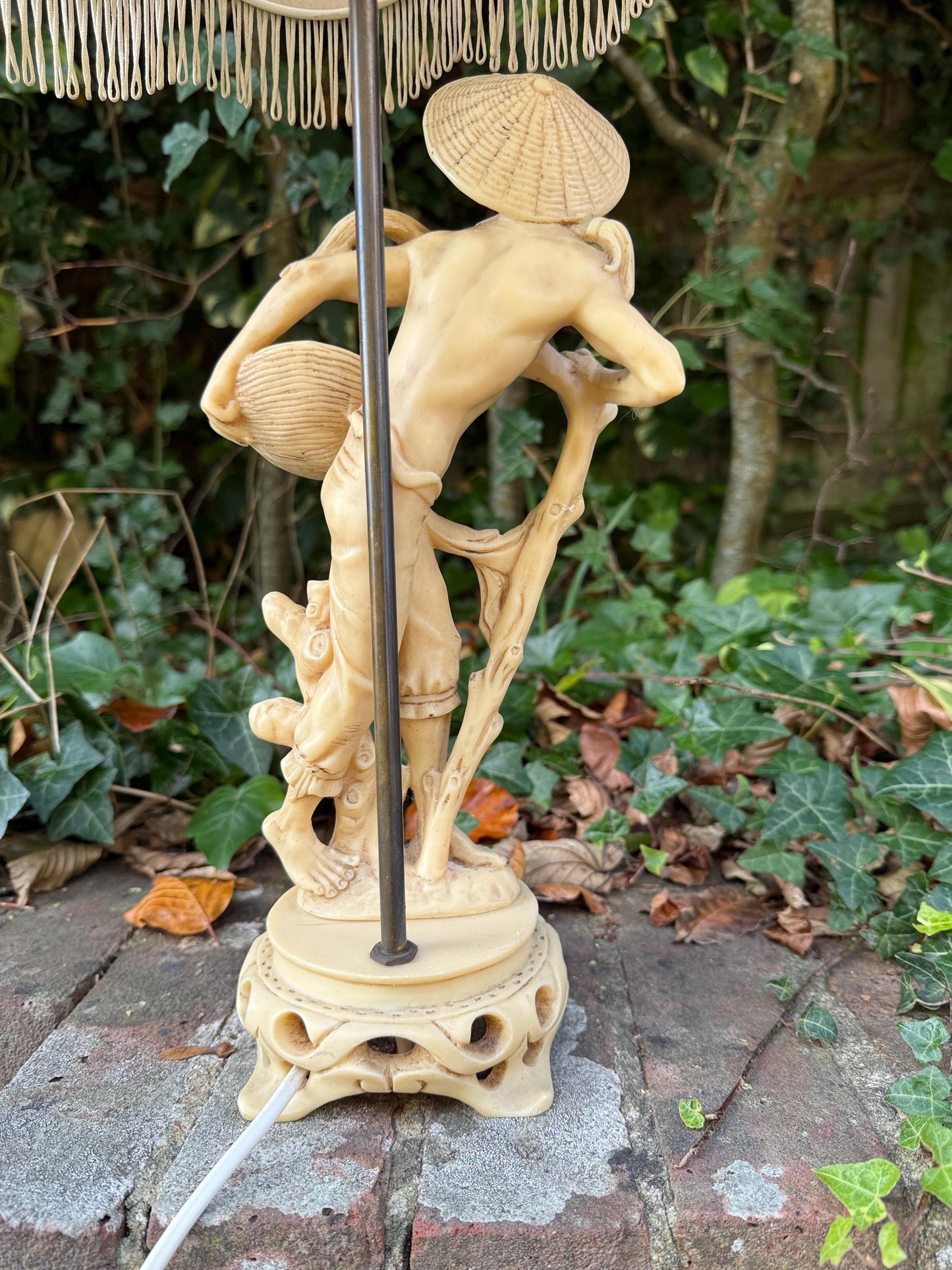 Vintage 1960s Oriental-Style, Oriental Man with baskets of produce, Resin Lamp with Fabric Shade - VGC, working retro lamp, original shade