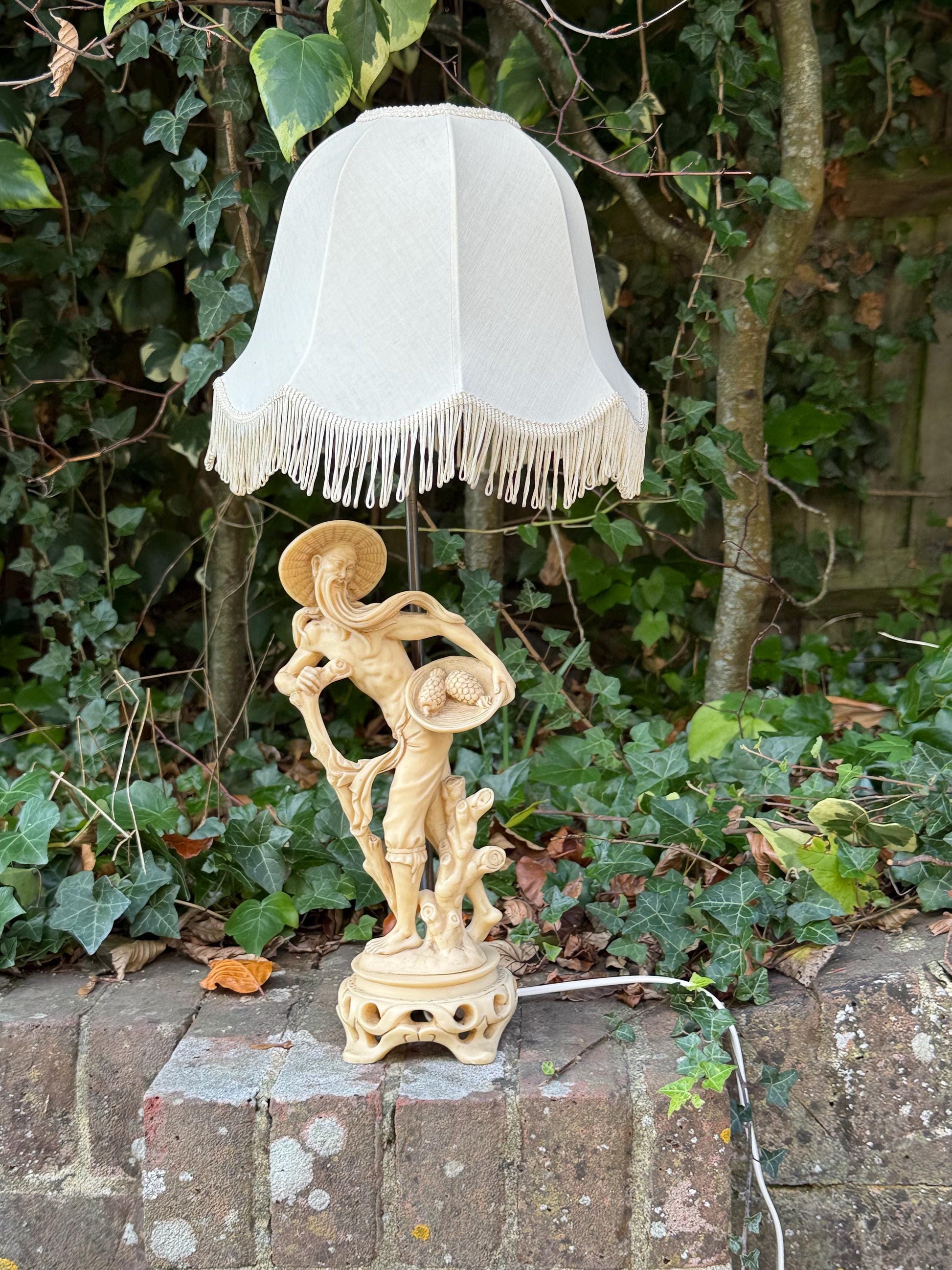 Vintage 1960s Oriental-Style, Oriental Man with baskets of produce, Resin Lamp with Fabric Shade - VGC, working retro lamp, original shade