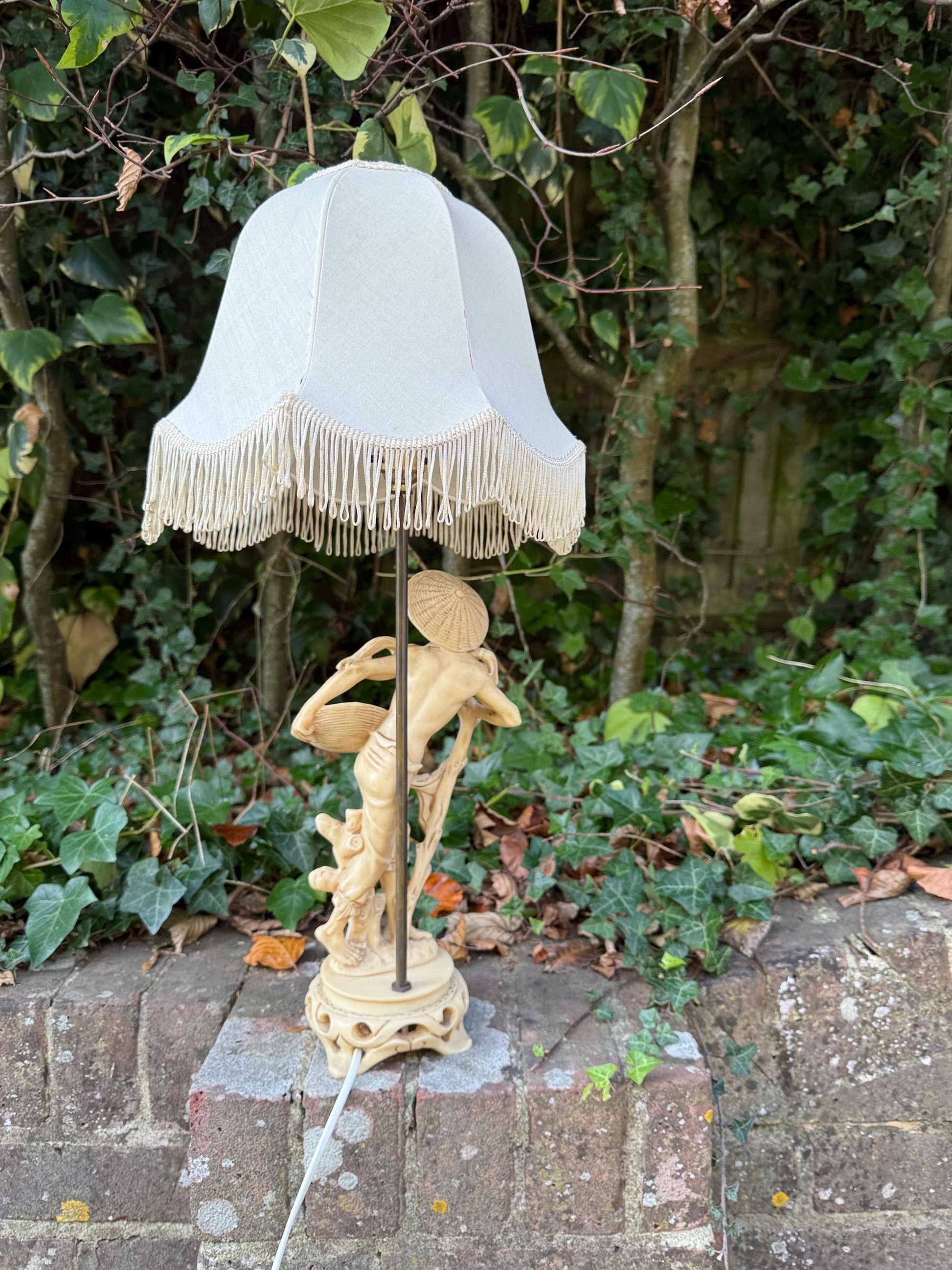 Vintage 1960s Oriental-Style, Oriental Man with baskets of produce, Resin Lamp with Fabric Shade - VGC, working retro lamp, original shade