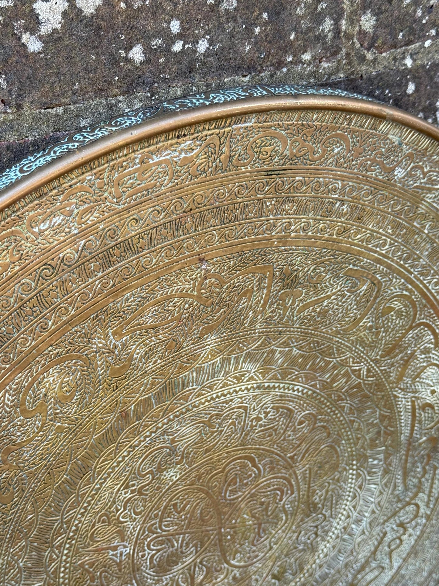 Early mid 1900s Brass Benares Tray Wall Hanging, Hand-Etched Indian Table Tray, Vintage Mid Century Boho Decor, Orientalist Decorative Art