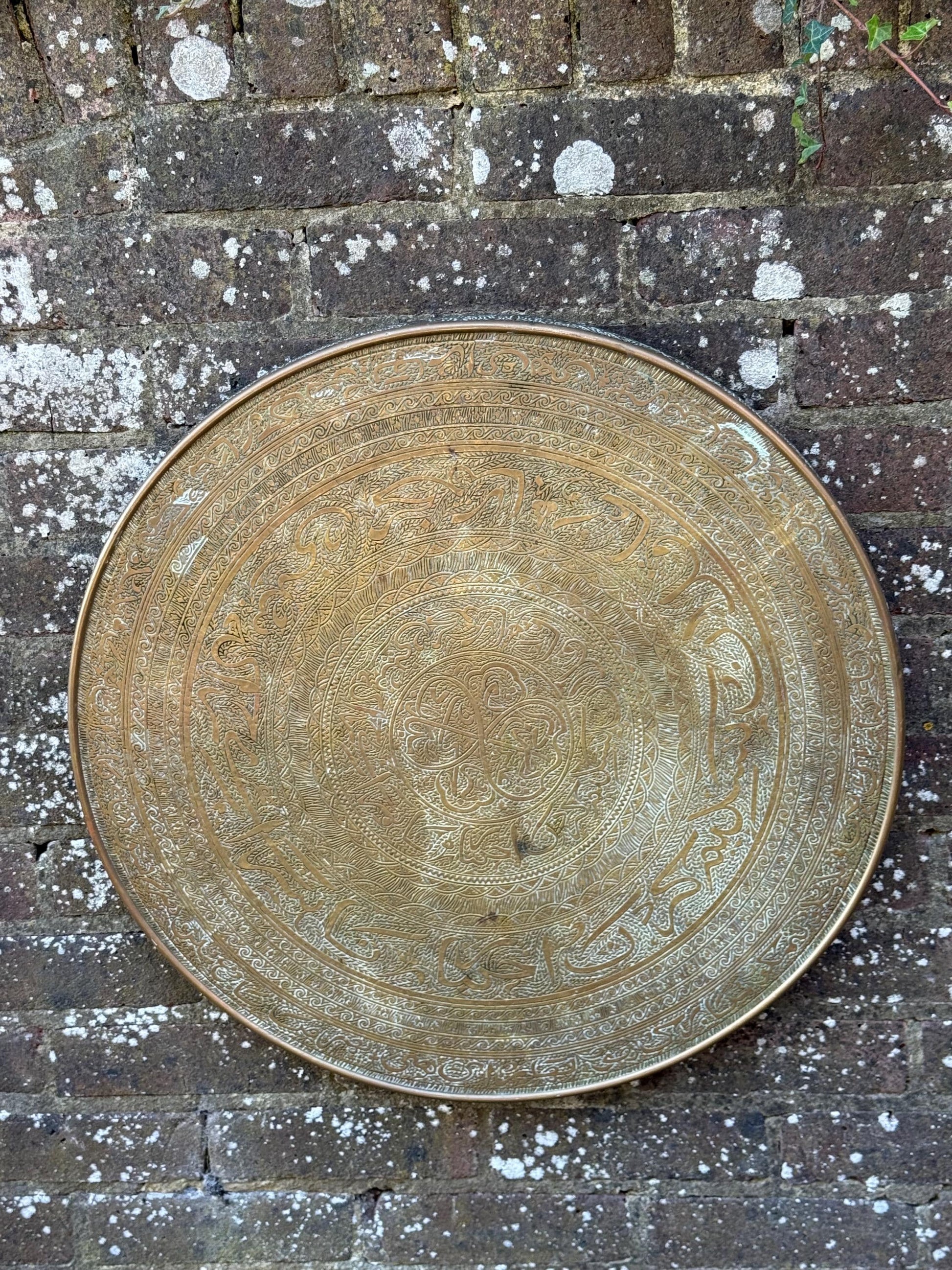 Early mid 1900s Brass Benares Tray Wall Hanging, Hand-Etched Indian Table Tray, Vintage Mid Century Boho Decor, Orientalist Decorative Art