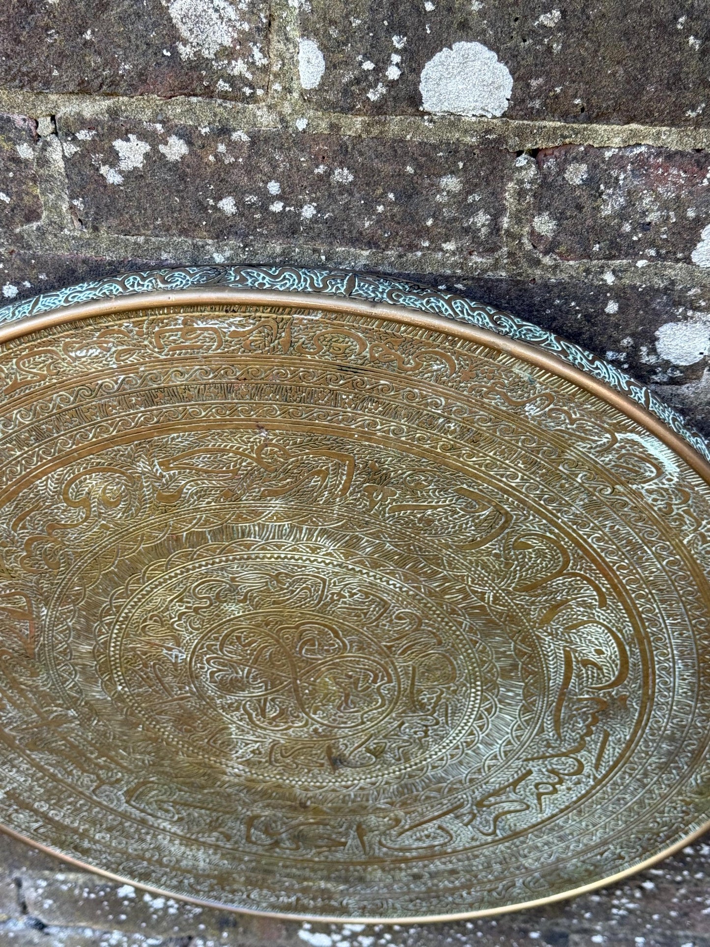 Early mid 1900s Brass Benares Tray Wall Hanging, Hand-Etched Indian Table Tray, Vintage Mid Century Boho Decor, Orientalist Decorative Art