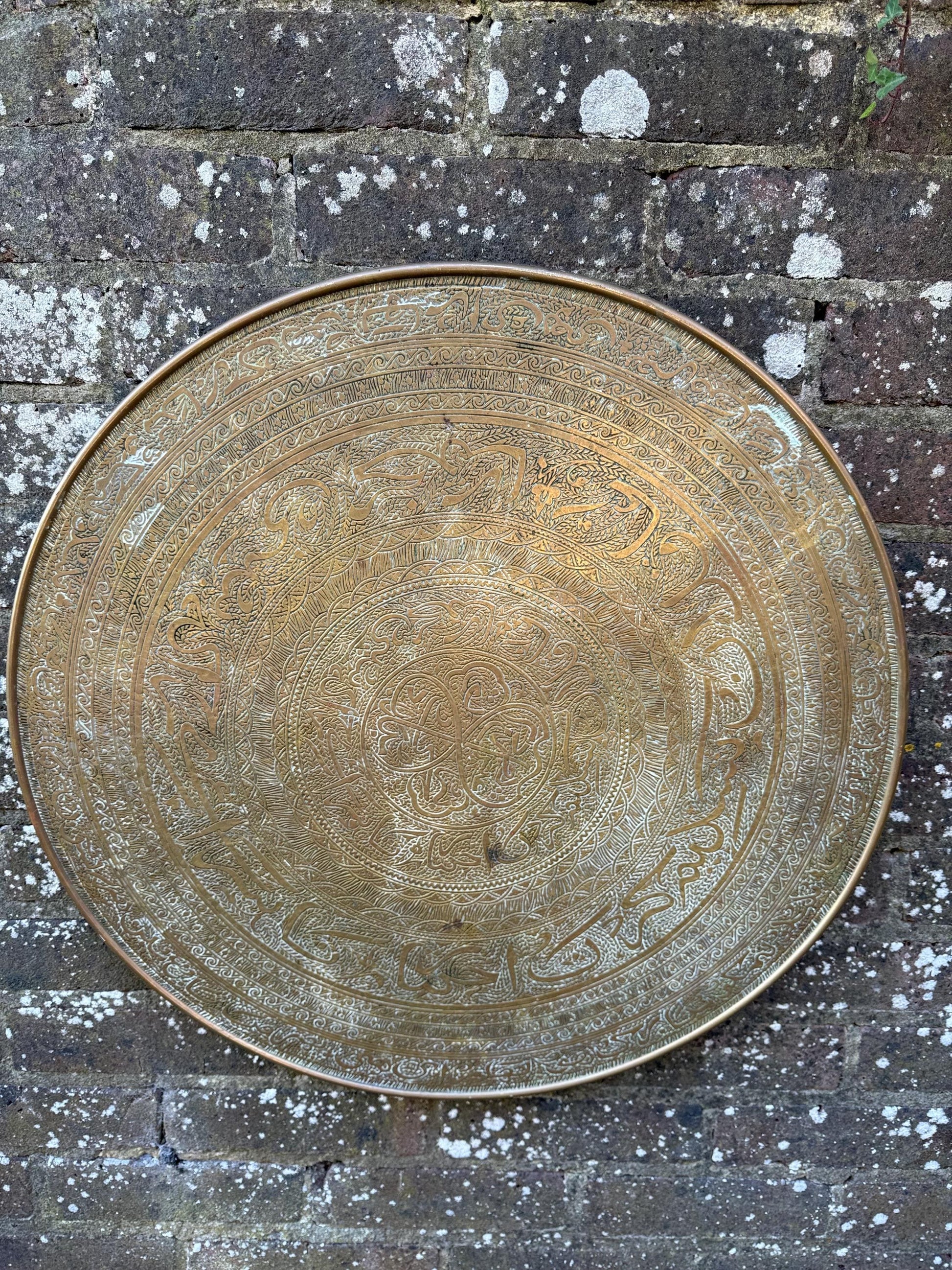 Early mid 1900s Brass Benares Tray Wall Hanging, Hand-Etched Indian Table Tray, Vintage Mid Century Boho Decor, Orientalist Decorative Art