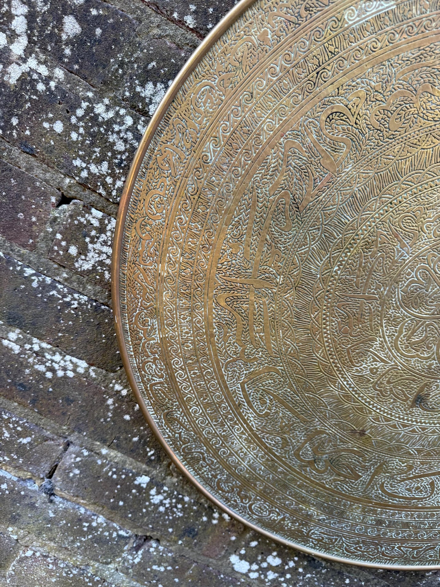 Early mid 1900s Brass Benares Tray Wall Hanging, Hand-Etched Indian Table Tray, Vintage Mid Century Boho Decor, Orientalist Decorative Art