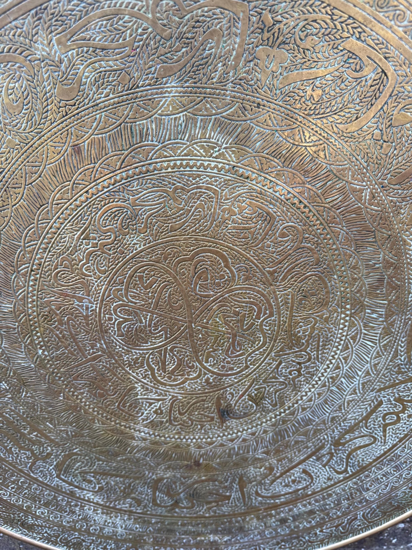 Early mid 1900s Brass Benares Tray Wall Hanging, Hand-Etched Indian Table Tray, Vintage Mid Century Boho Decor, Orientalist Decorative Art