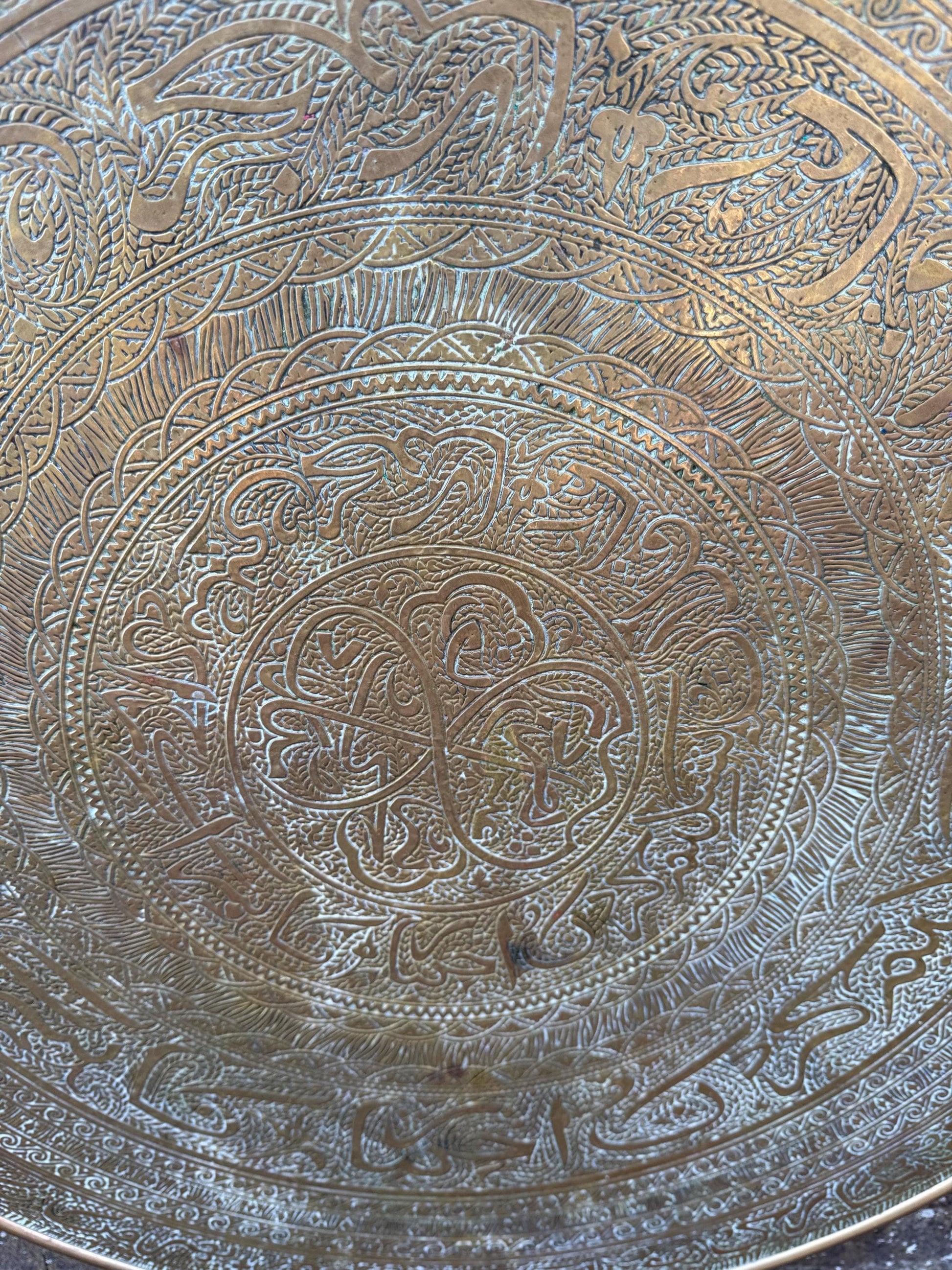 Early mid 1900s Brass Benares Tray Wall Hanging, Hand-Etched Indian Table Tray, Vintage Mid Century Boho Decor, Orientalist Decorative Art
