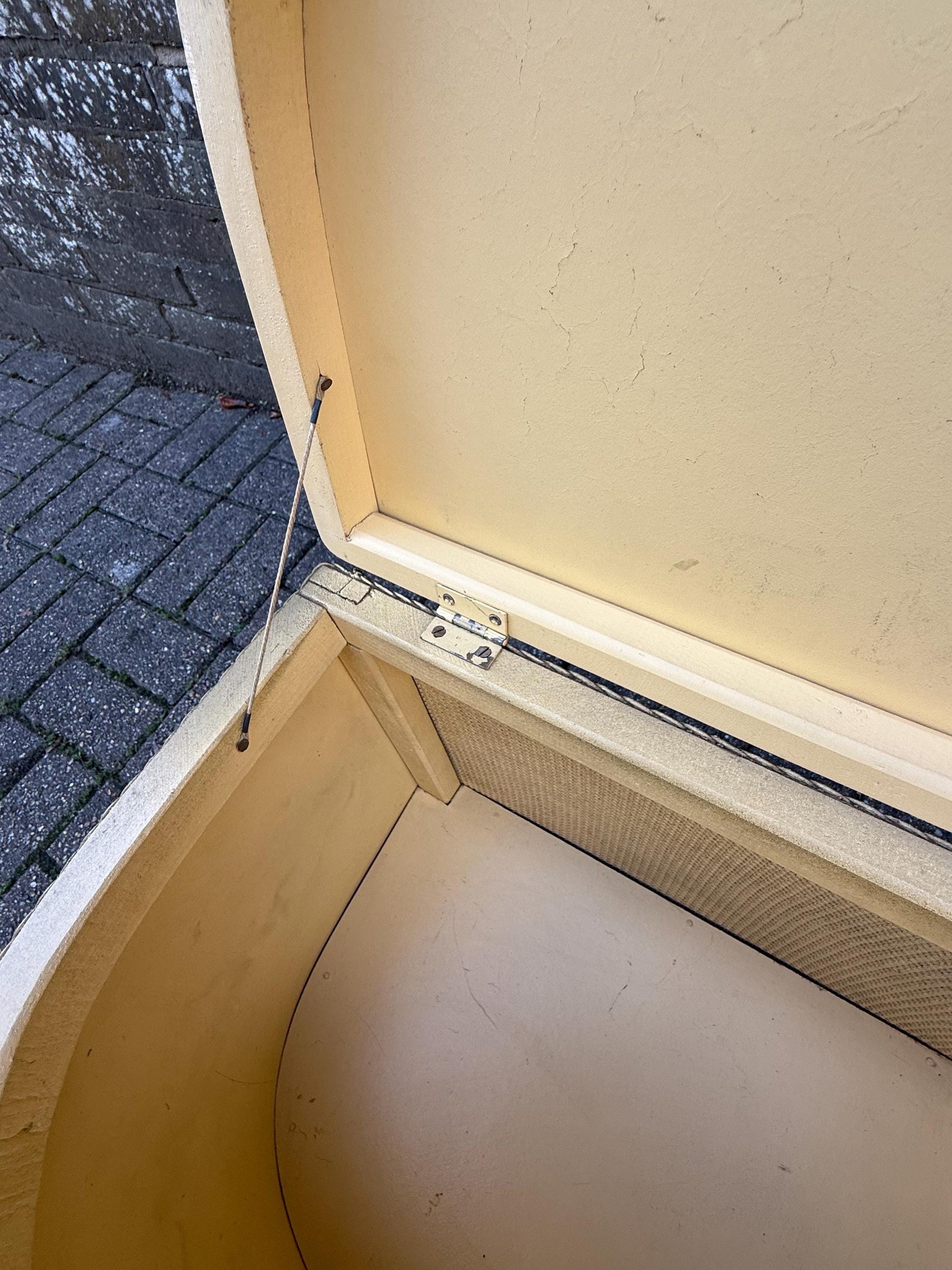 1950s Lloyd Loom Style Laundry Basket – VGC Gold Wicker Storage Chest with Sage Green Floral Lid, Mid Century Bedroom Decor, linen basket