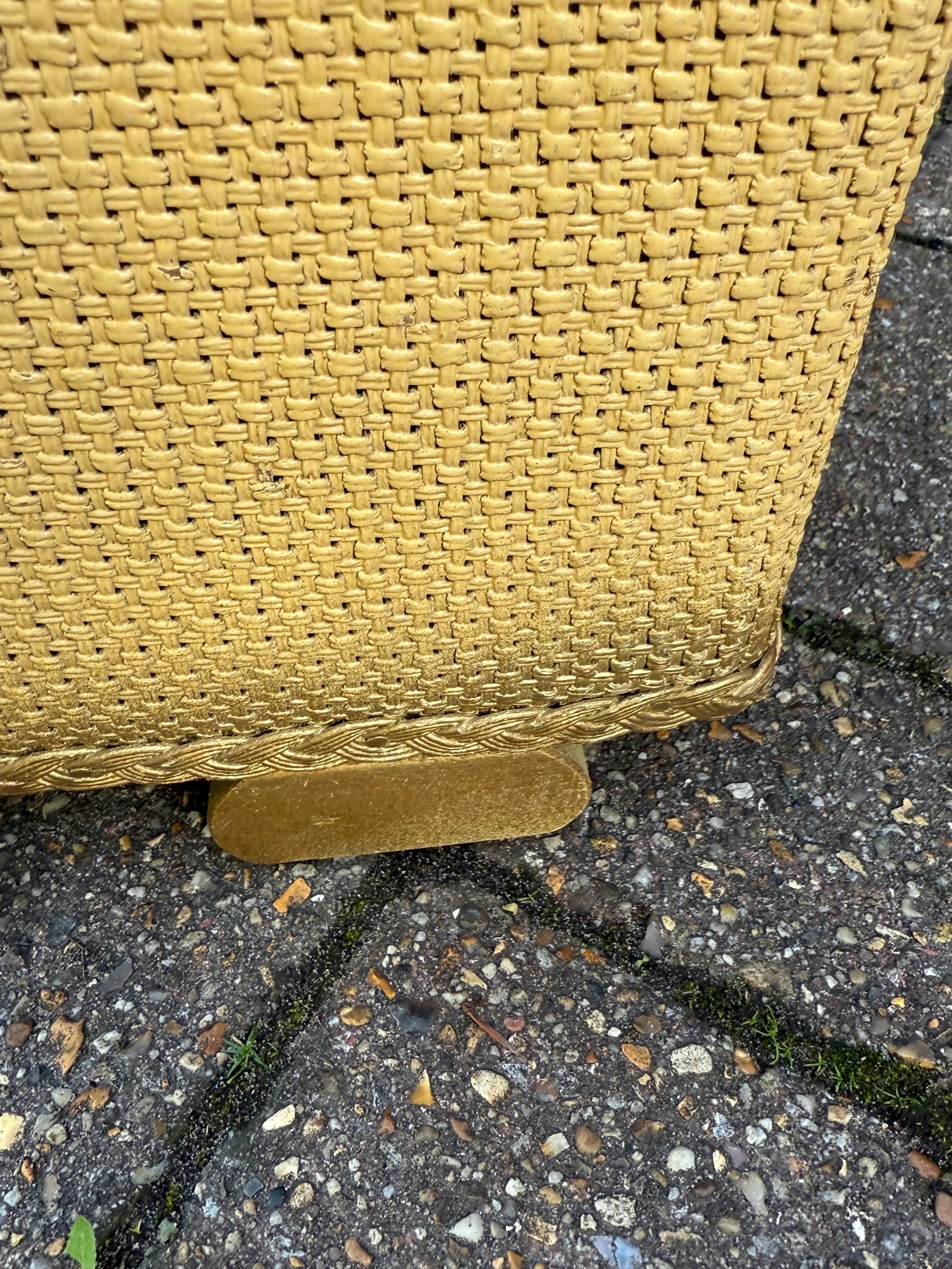 1950s Lloyd Loom Style Laundry Basket – VGC Gold Wicker Storage Chest with Sage Green Floral Lid, Mid Century Bedroom Decor, linen basket