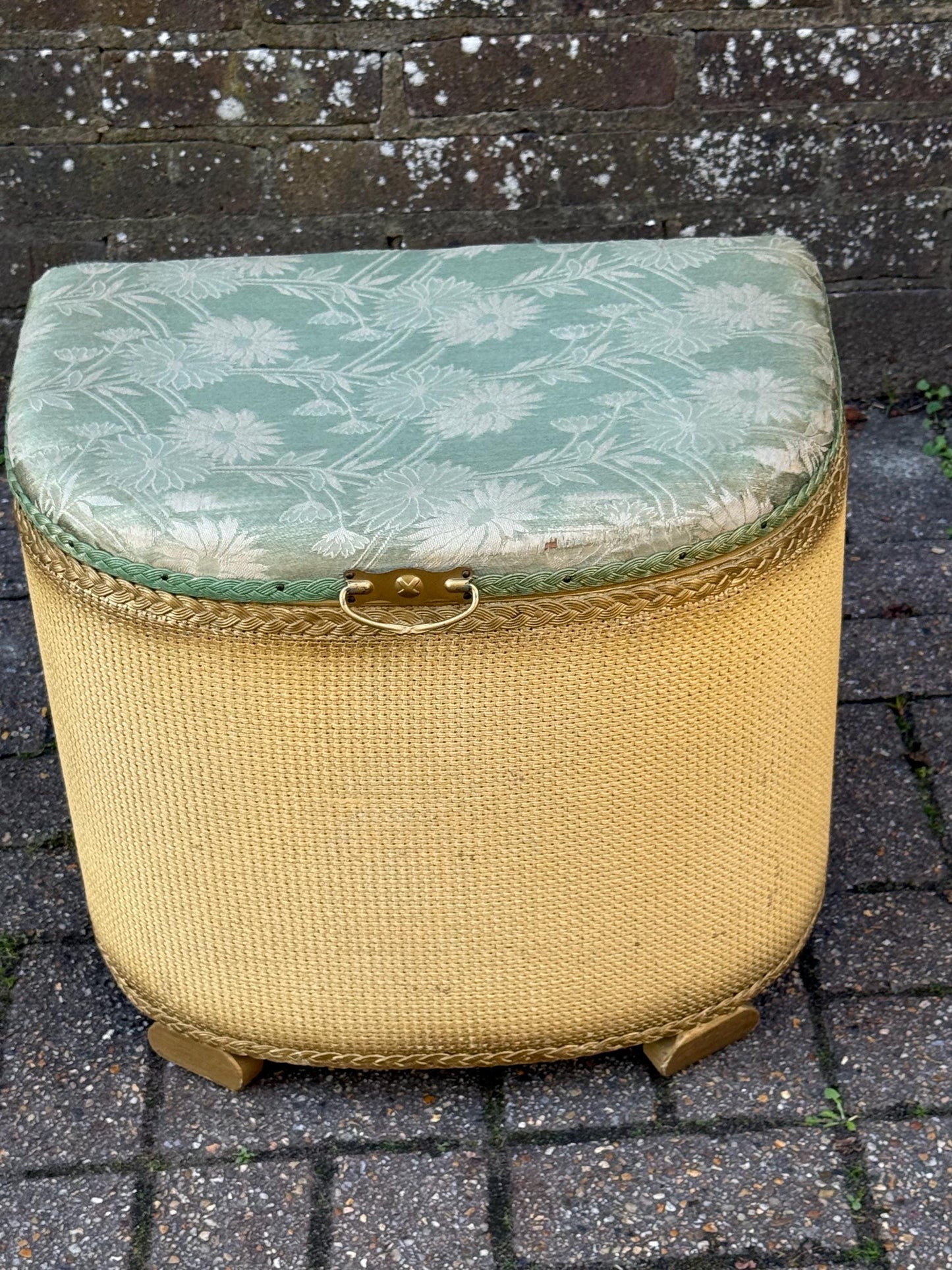 1950s Lloyd Loom Style Laundry Basket – VGC Gold Wicker Storage Chest with Sage Green Floral Lid, Mid Century Bedroom Decor, linen basket