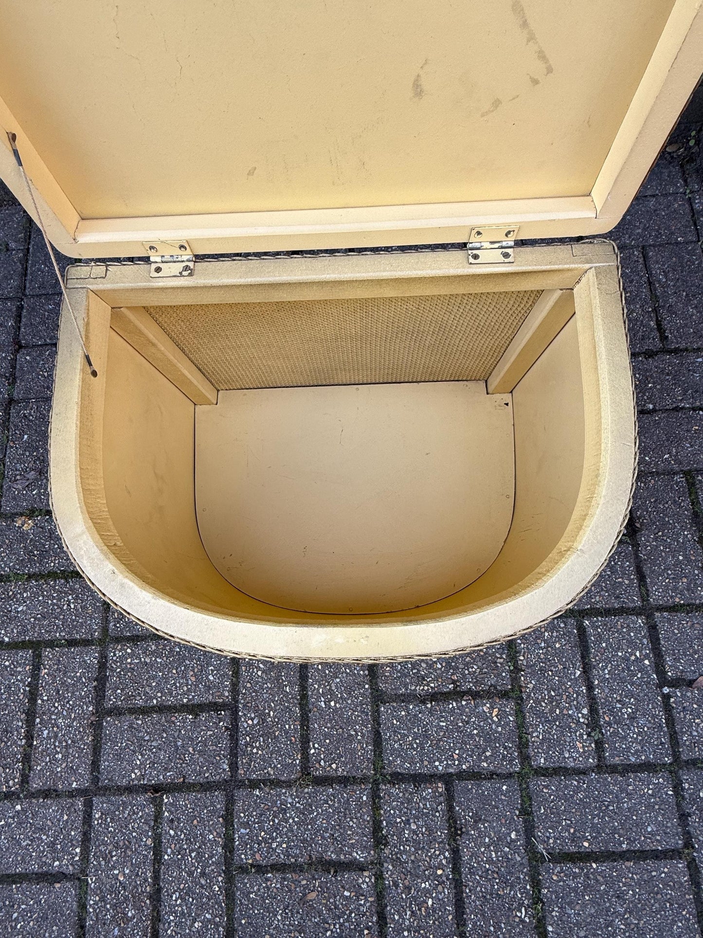 1950s Lloyd Loom Style Laundry Basket – VGC Gold Wicker Storage Chest with Sage Green Floral Lid, Mid Century Bedroom Decor, linen basket