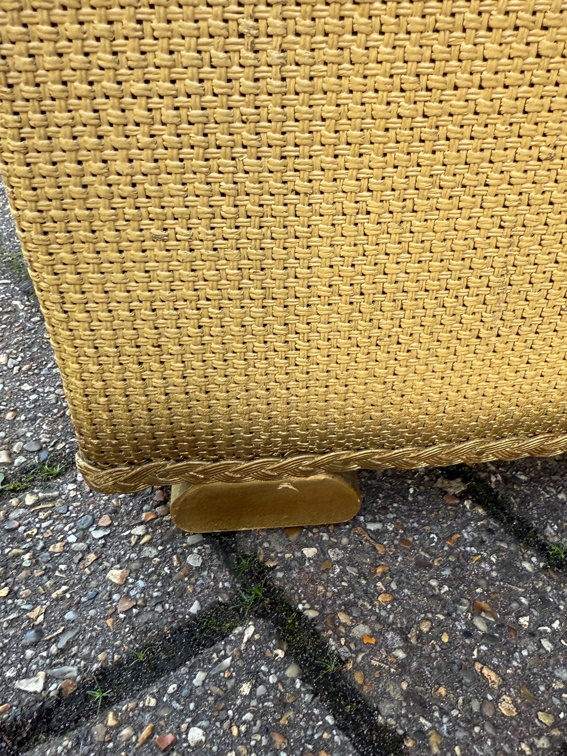 1950s Lloyd Loom Style Laundry Basket – VGC Gold Wicker Storage Chest with Sage Green Floral Lid, Mid Century Bedroom Decor, linen basket