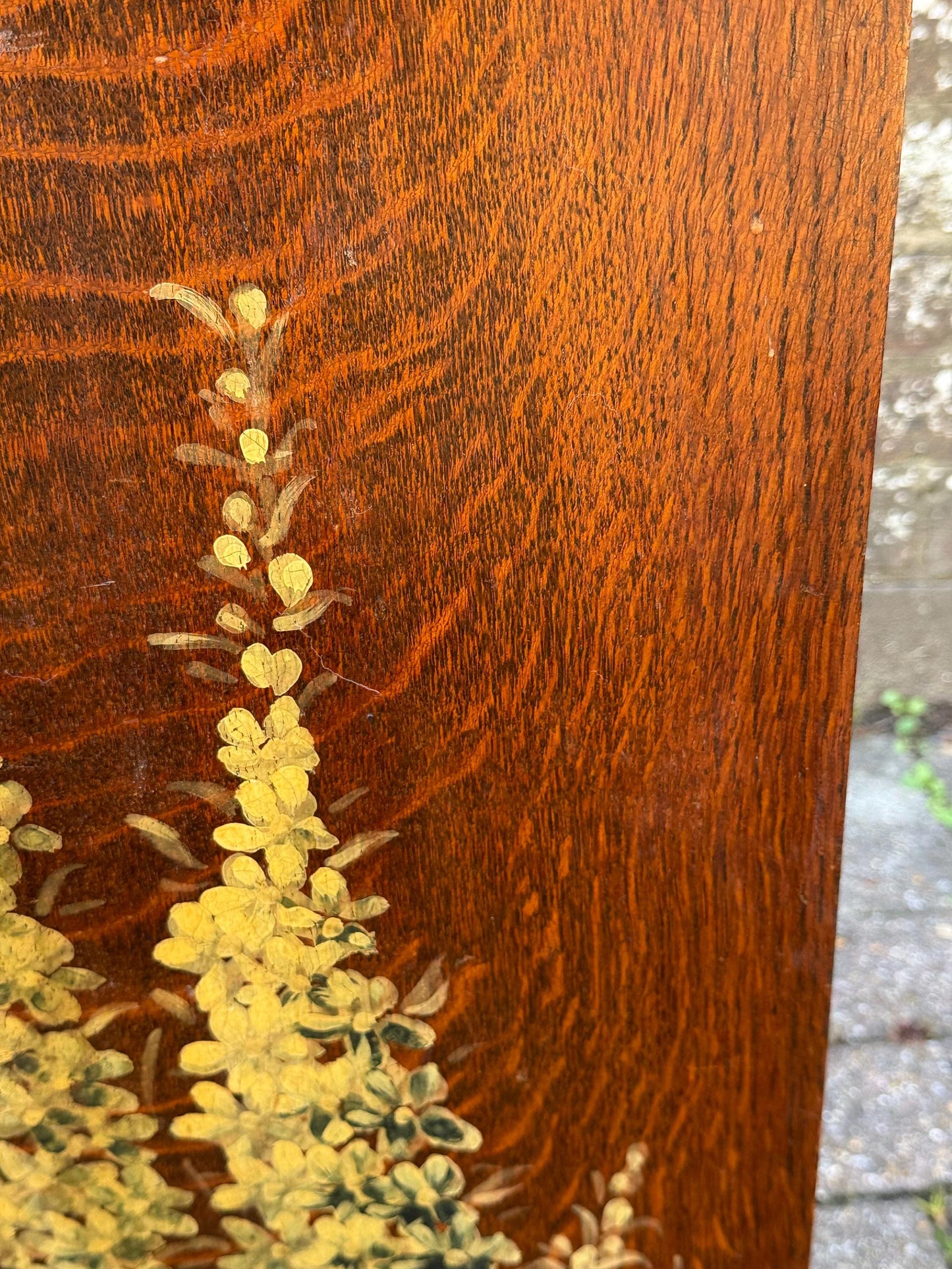 Vintage Oak Fire Screen with Hand-Painted Foxgloves – 1920s/30s English Fireplace Guard, Country Cottage Decor, art deco inspired screen