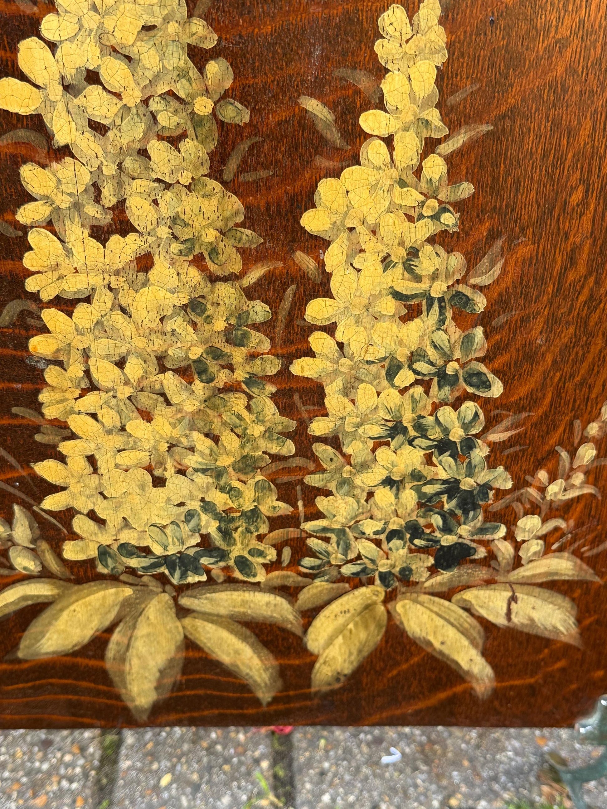 Vintage Oak Fire Screen with Hand-Painted Foxgloves – 1920s/30s English Fireplace Guard, Country Cottage Decor, art deco inspired screen