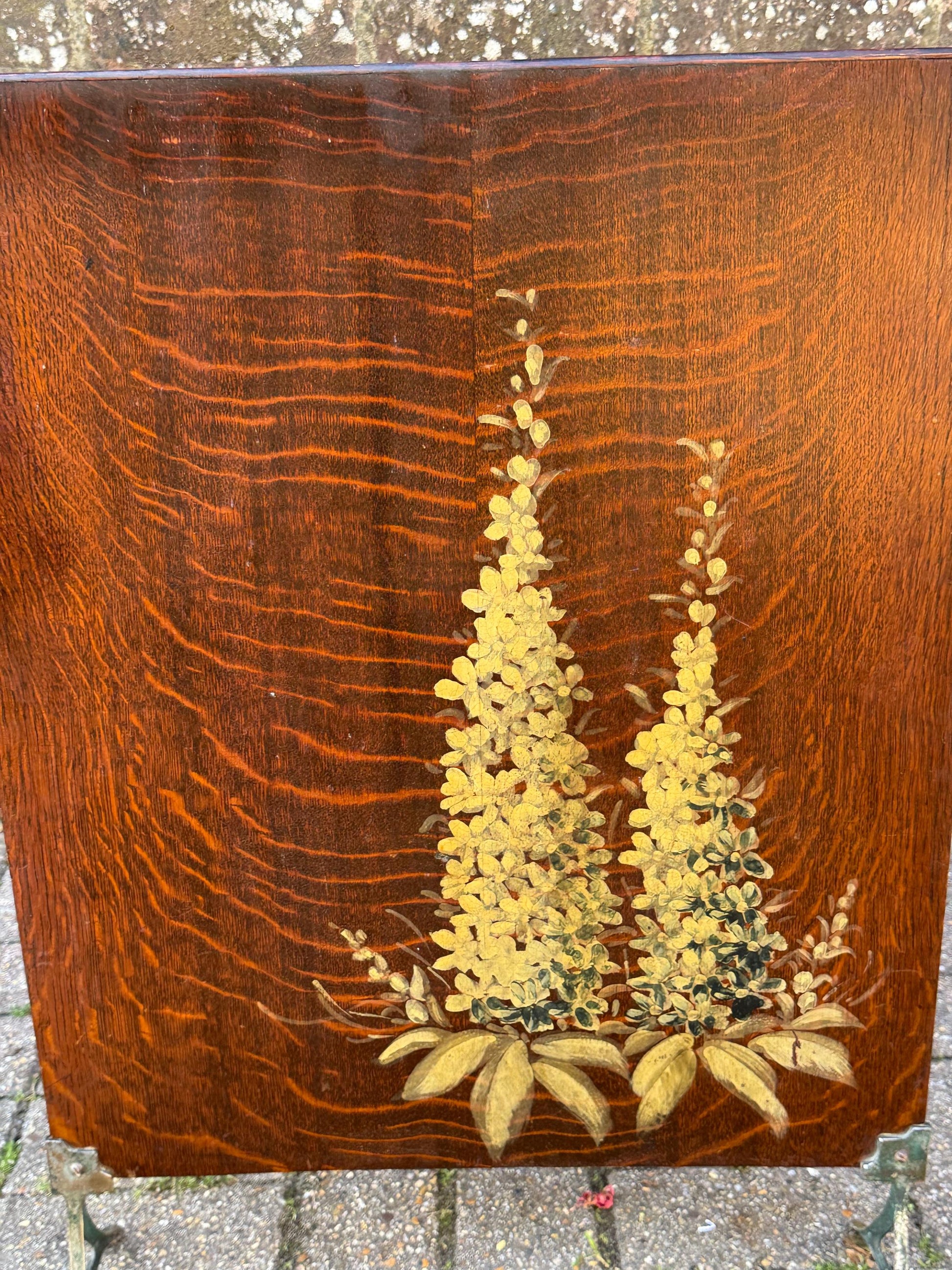 Vintage Oak Fire Screen with Hand-Painted Foxgloves – 1920s/30s English Fireplace Guard, Country Cottage Decor, art deco inspired screen