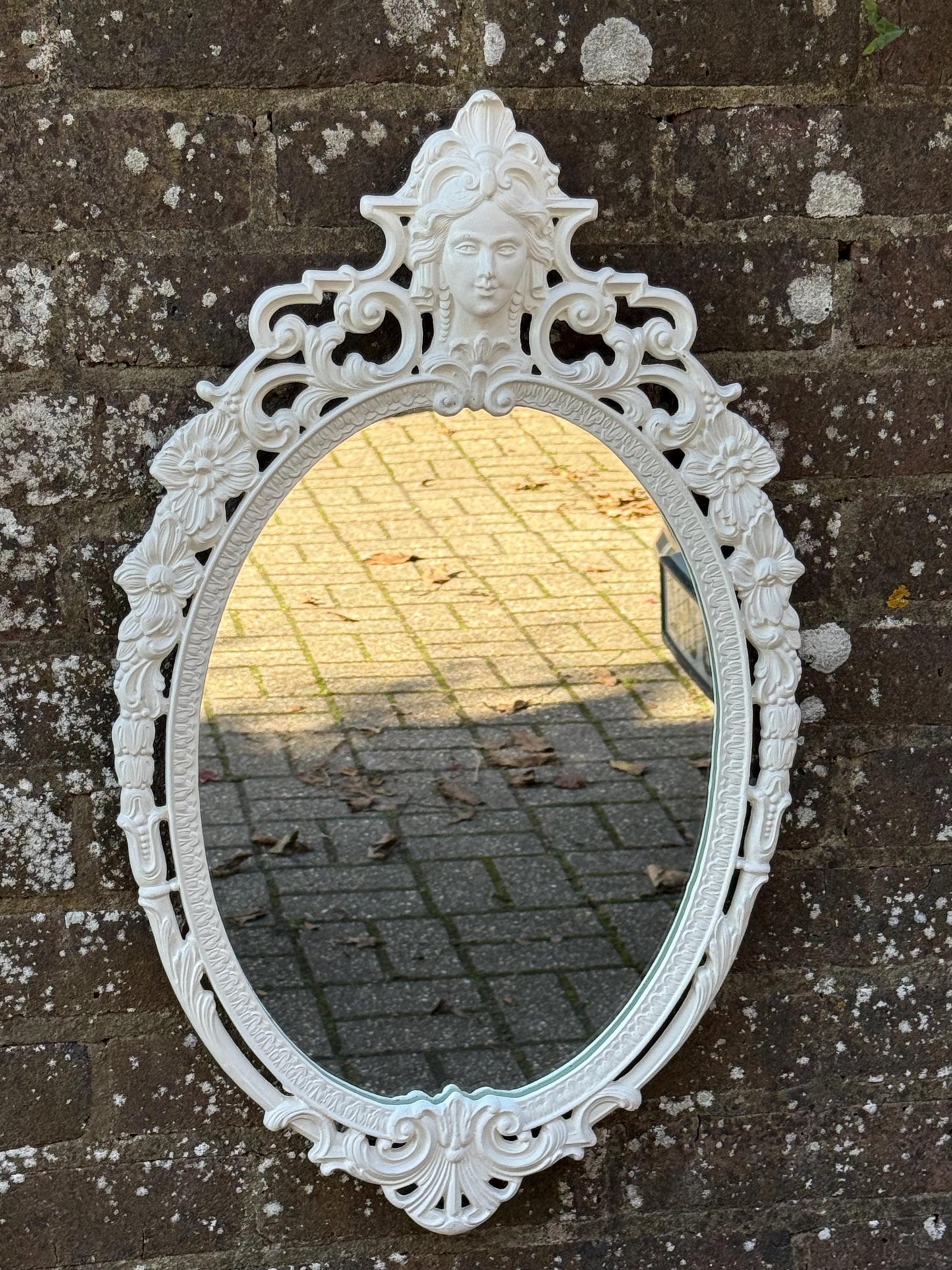 Vintage Cast Metal Rococo Mirror – White Ornate Wall Mirror with Lady Face Detail, Hollywood Regency Baroque Revival Decor, retro mirror