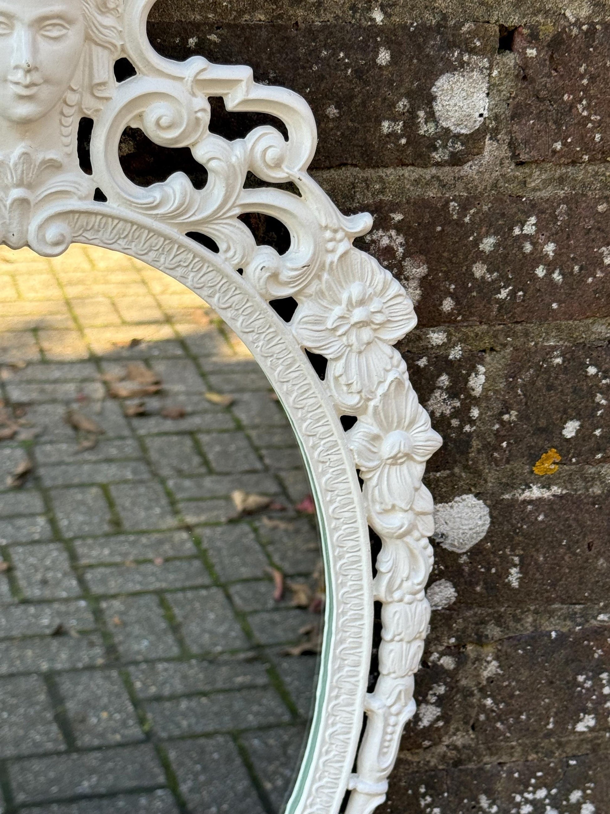 Vintage Cast Metal Rococo Mirror – White Ornate Wall Mirror with Lady Face Detail, Hollywood Regency Baroque Revival Decor, retro mirror