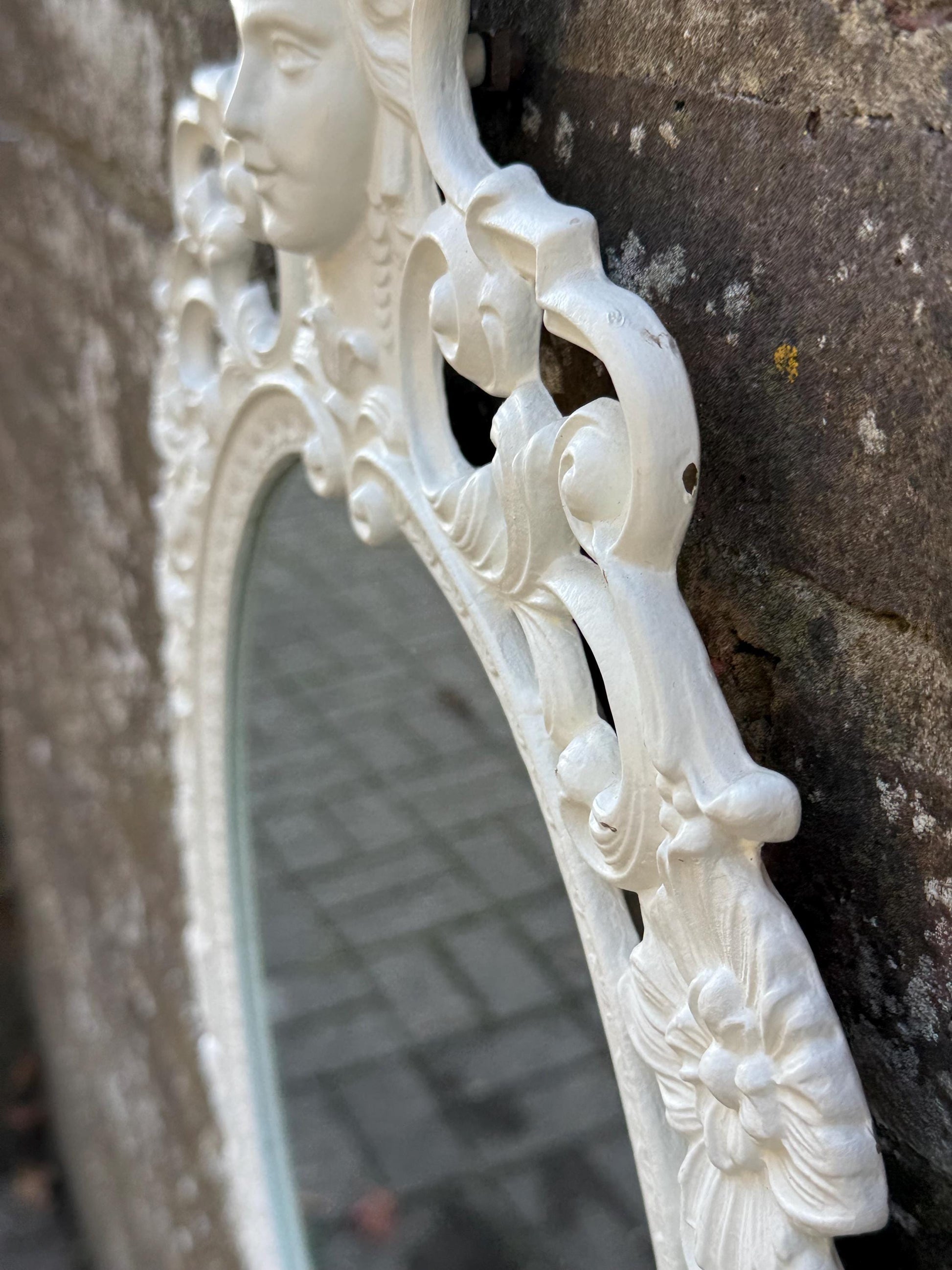 Vintage Cast Metal Rococo Mirror – White Ornate Wall Mirror with Lady Face Detail, Hollywood Regency Baroque Revival Decor, retro mirror