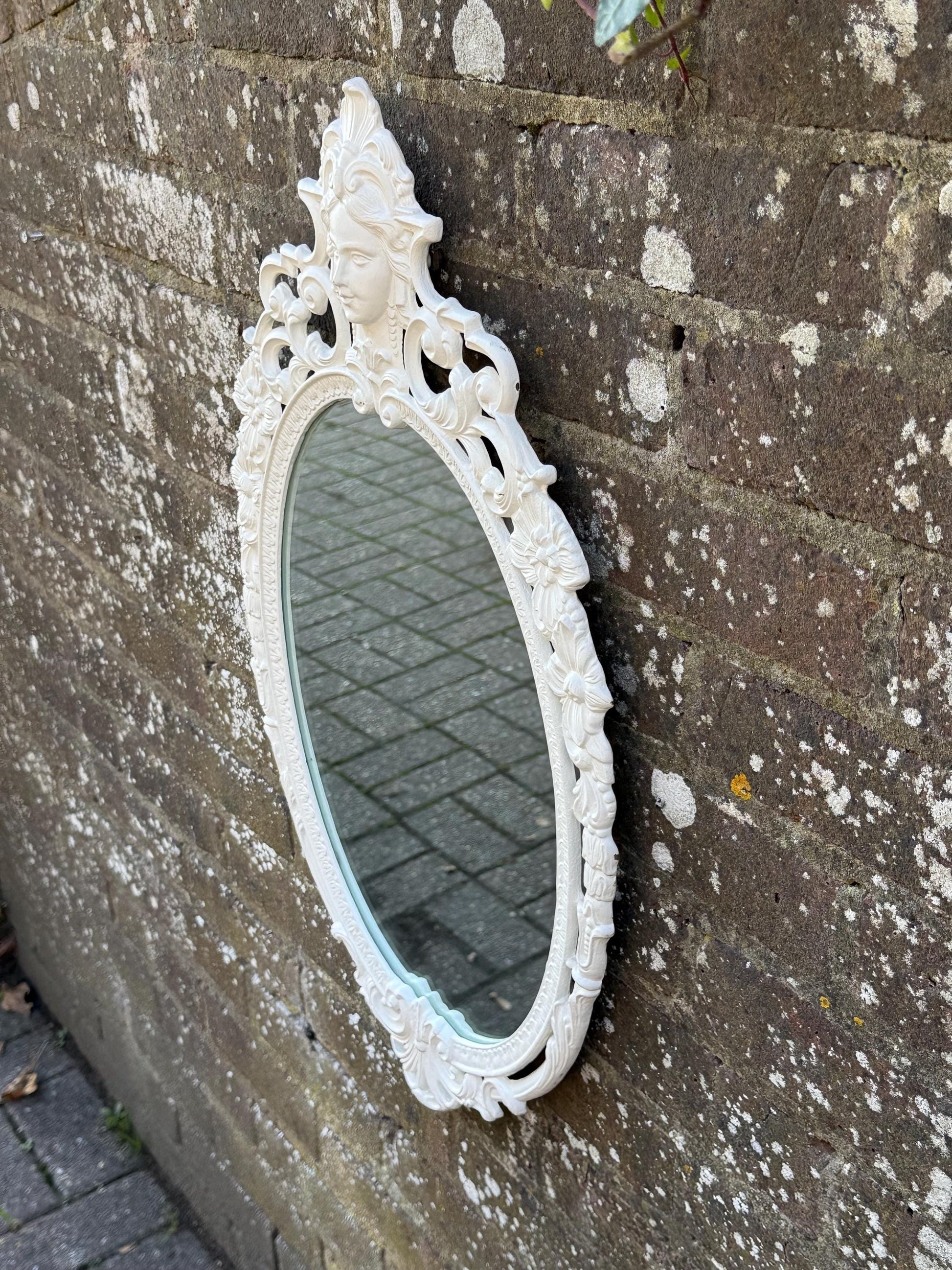 Vintage Cast Metal Rococo Mirror – White Ornate Wall Mirror with Lady Face Detail, Hollywood Regency Baroque Revival Decor, retro mirror