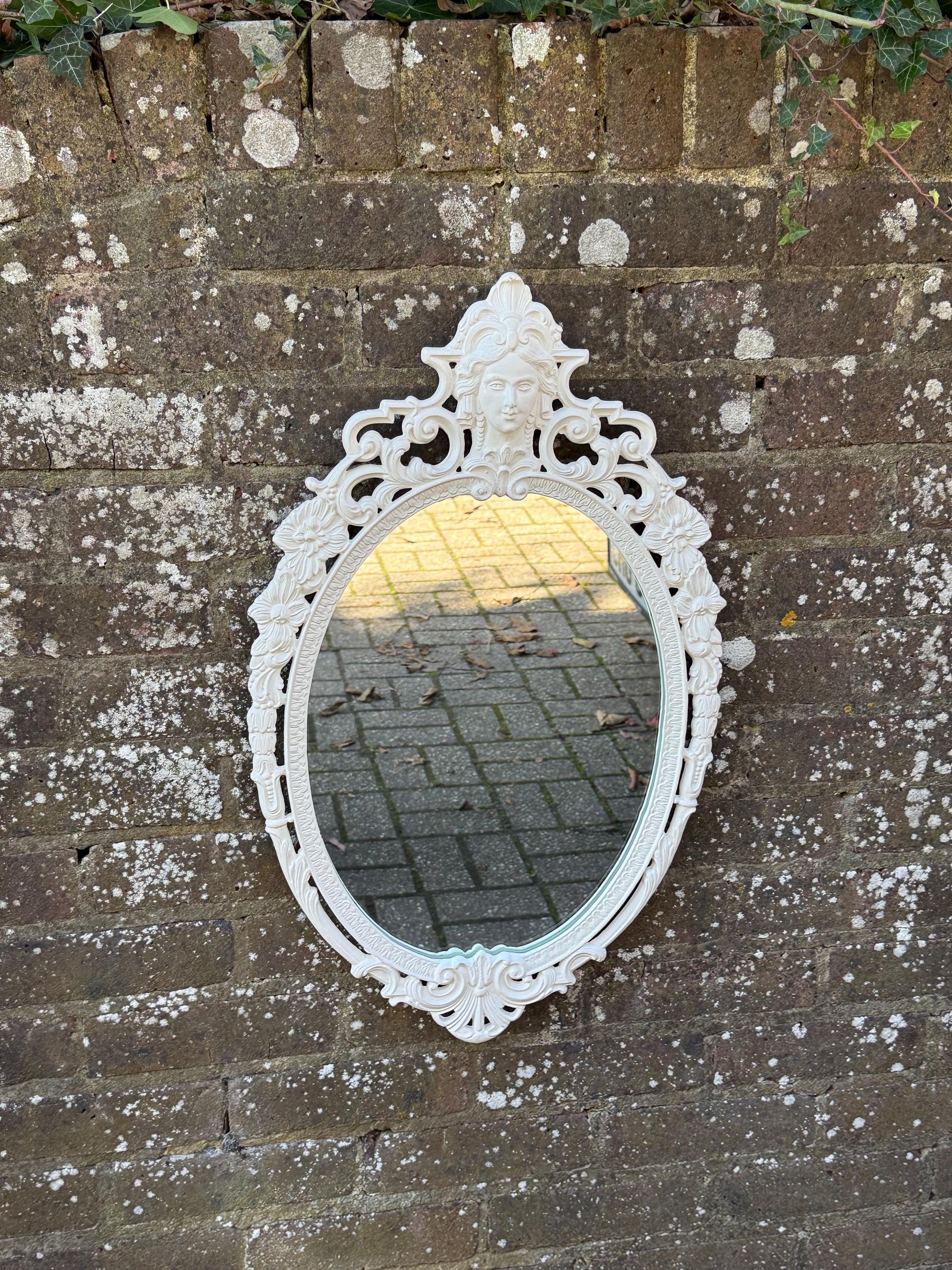 Vintage Cast Metal Rococo Mirror – White Ornate Wall Mirror with Lady Face Detail, Hollywood Regency Baroque Revival Decor, retro mirror