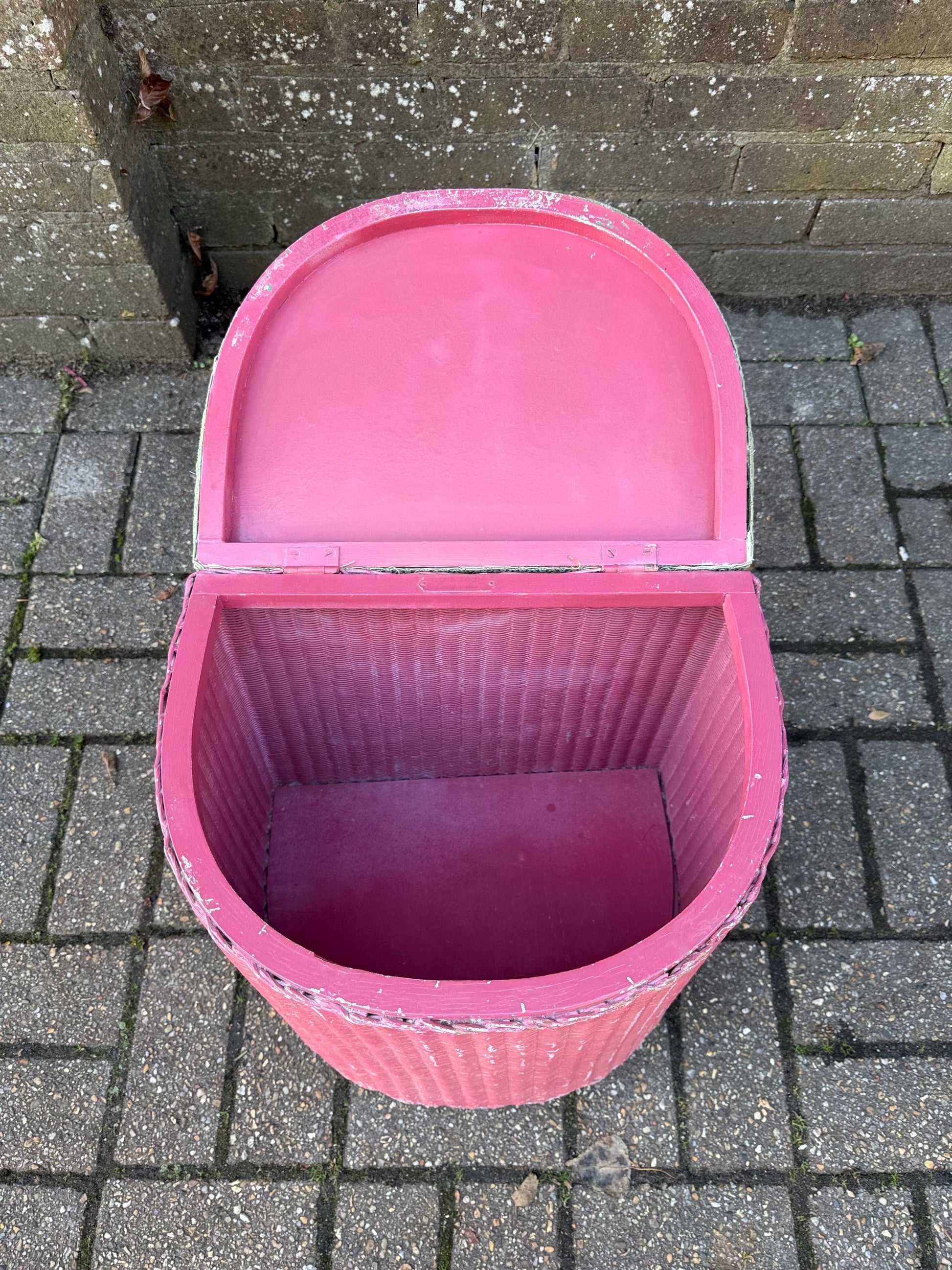 Vintage 1950s Lloyd Loom Laundry Basket – Pink Wicker Storage Chest with Floral Seat, English Mid Century Bedroom Furniture, a project