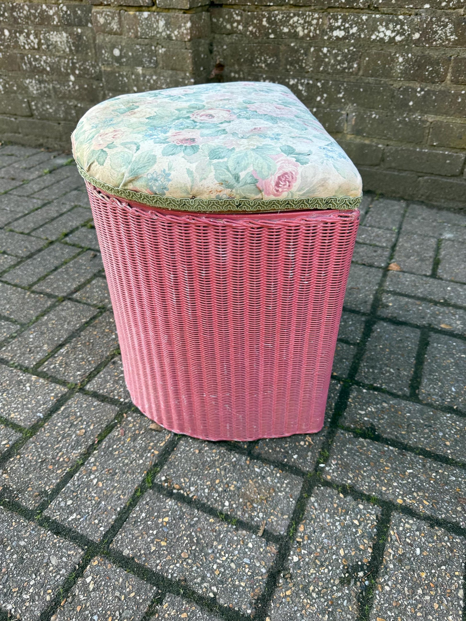 Vintage 1950s Lloyd Loom Laundry Basket – Pink Wicker Storage Chest with Floral Seat, English Mid Century Bedroom Furniture, a project
