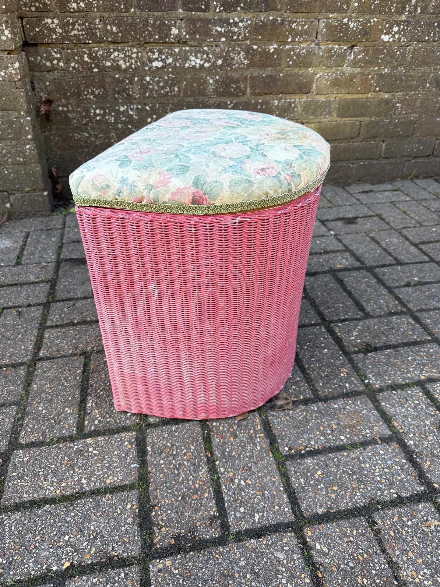 Vintage 1950s Lloyd Loom Laundry Basket – Pink Wicker Storage Chest with Floral Seat, English Mid Century Bedroom Furniture, a project