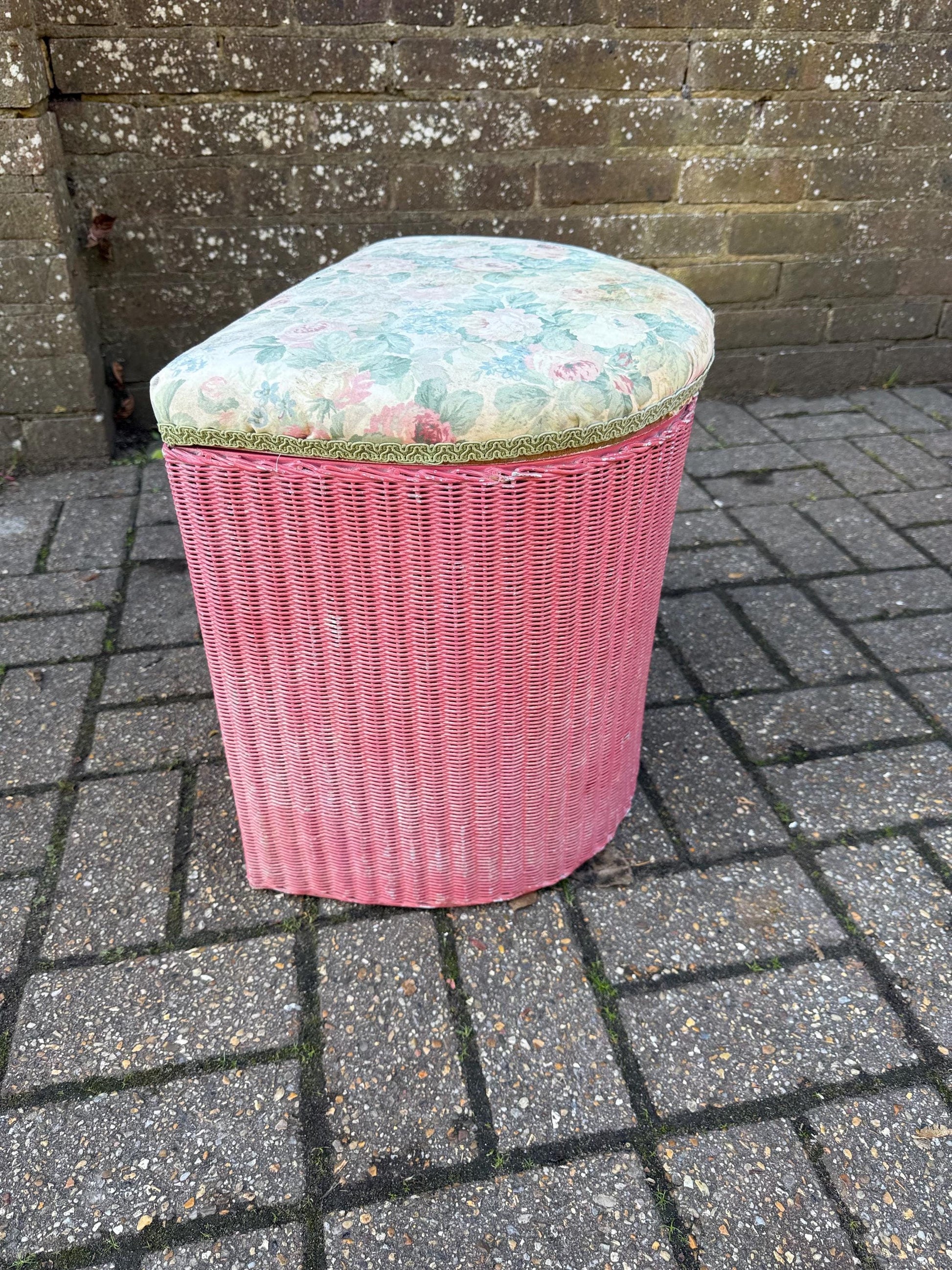 Vintage 1950s Lloyd Loom Laundry Basket – Pink Wicker Storage Chest with Floral Seat, English Mid Century Bedroom Furniture, a project