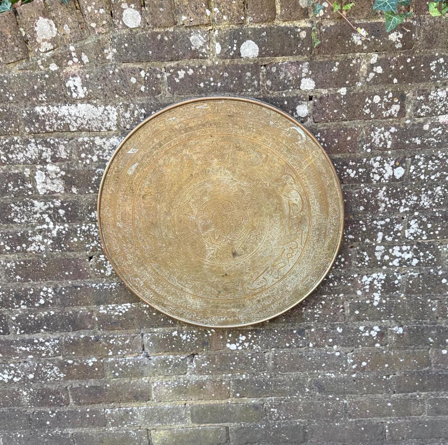 1900s brass tray, brass table top. brass wall decor. boho wall hanging.