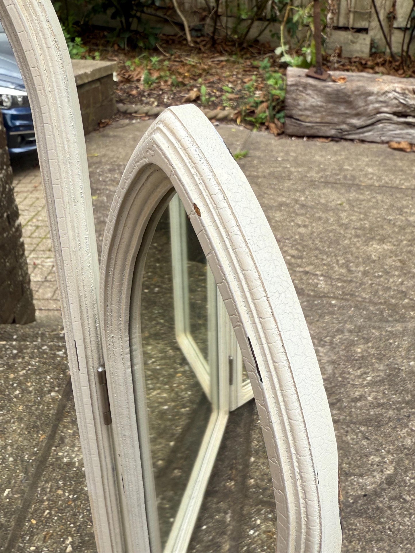 Vintage Gothic Revival Triple Arched Mirror – 1980s White Painted Folding Cathedral Arch Wall Mirror, Shabby Chic Architectural Decor
