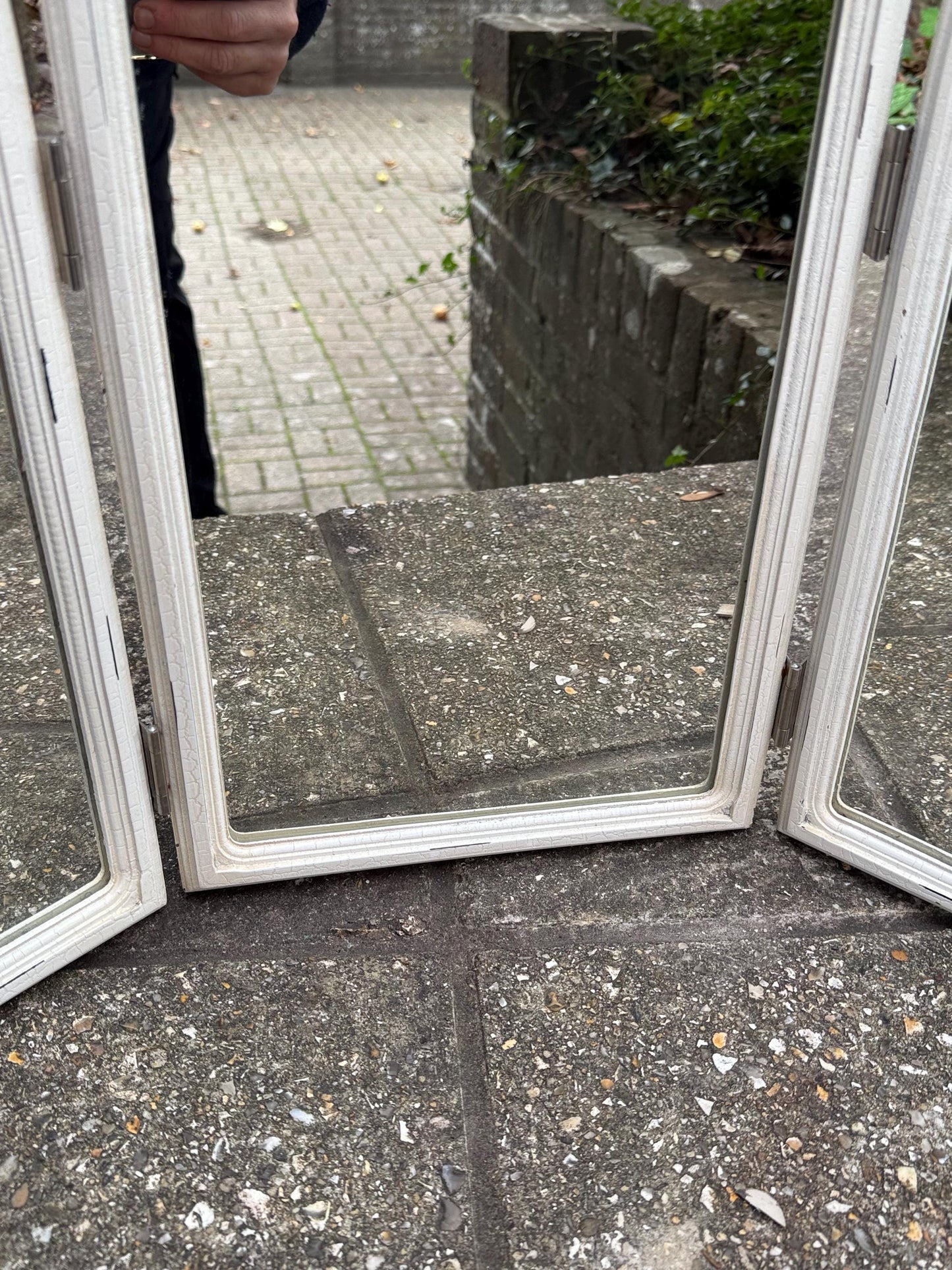 Vintage Gothic Revival Triple Arched Mirror – 1980s White Painted Folding Cathedral Arch Wall Mirror, Shabby Chic Architectural Decor