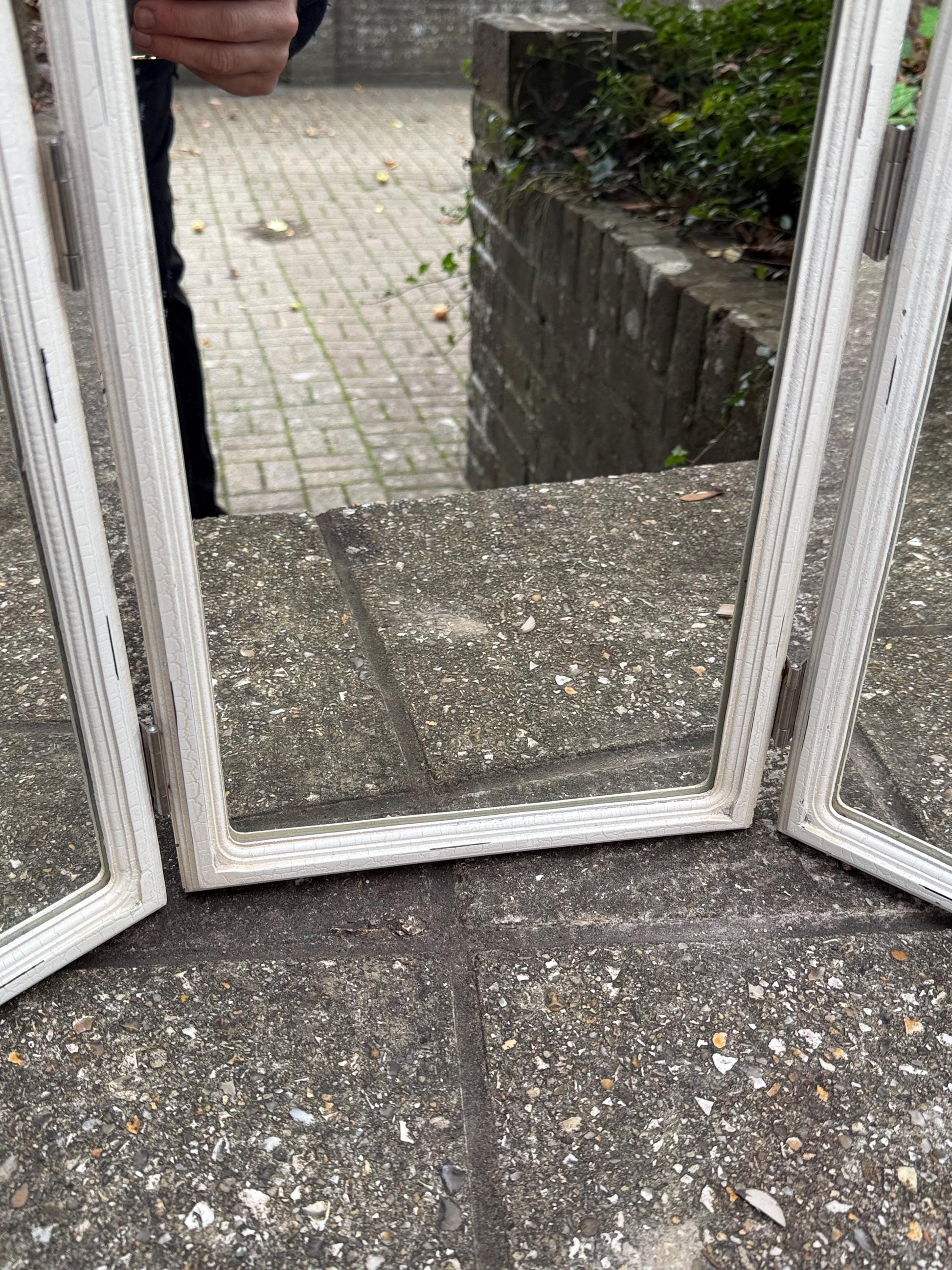 Vintage Gothic Revival Triple Arched Mirror – 1980s White Painted Folding Cathedral Arch Wall Mirror, Shabby Chic Architectural Decor