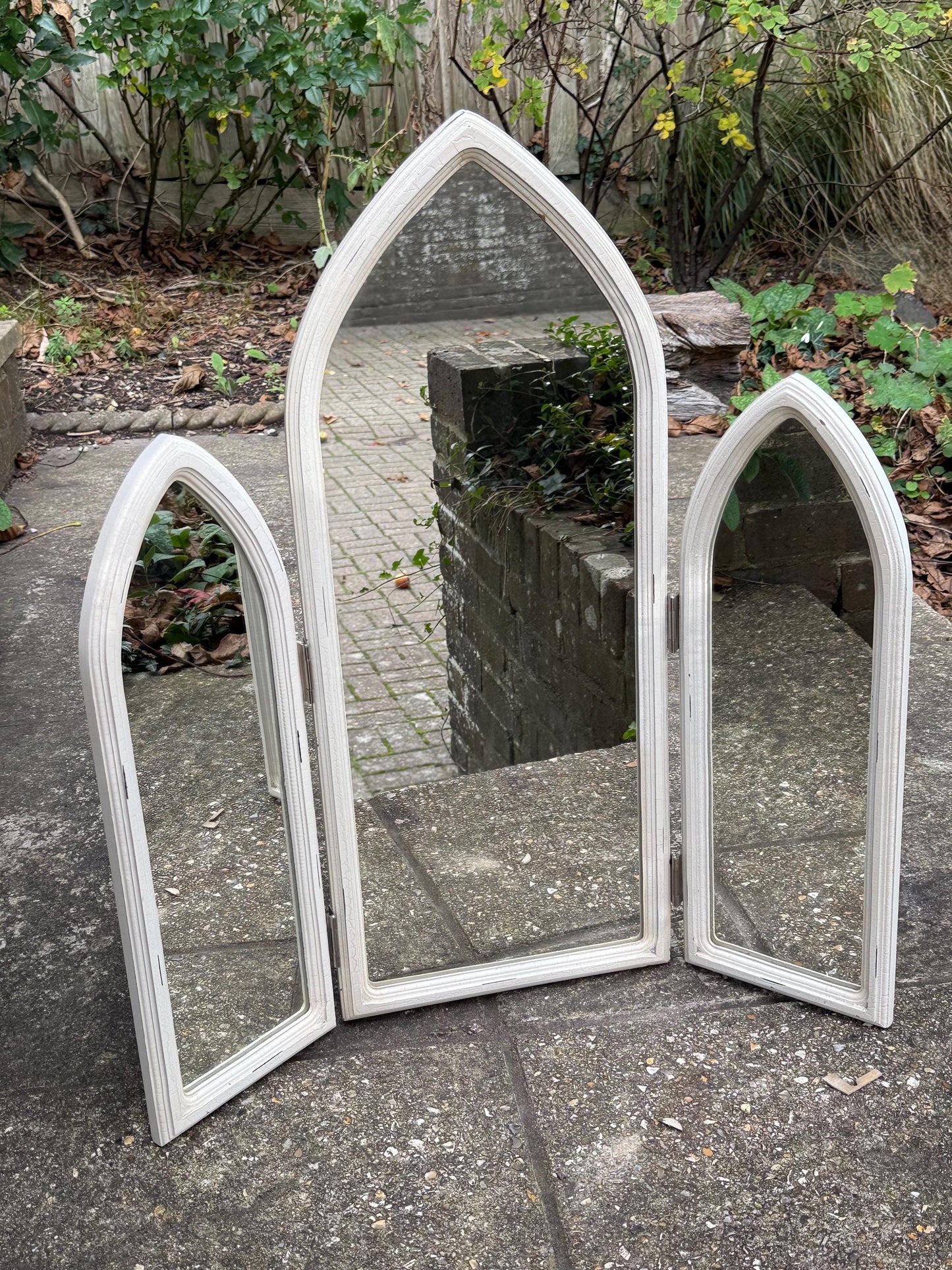 Vintage Gothic Revival Triple Arched Mirror – 1980s White Painted Folding Cathedral Arch Wall Mirror, Shabby Chic Architectural Decor