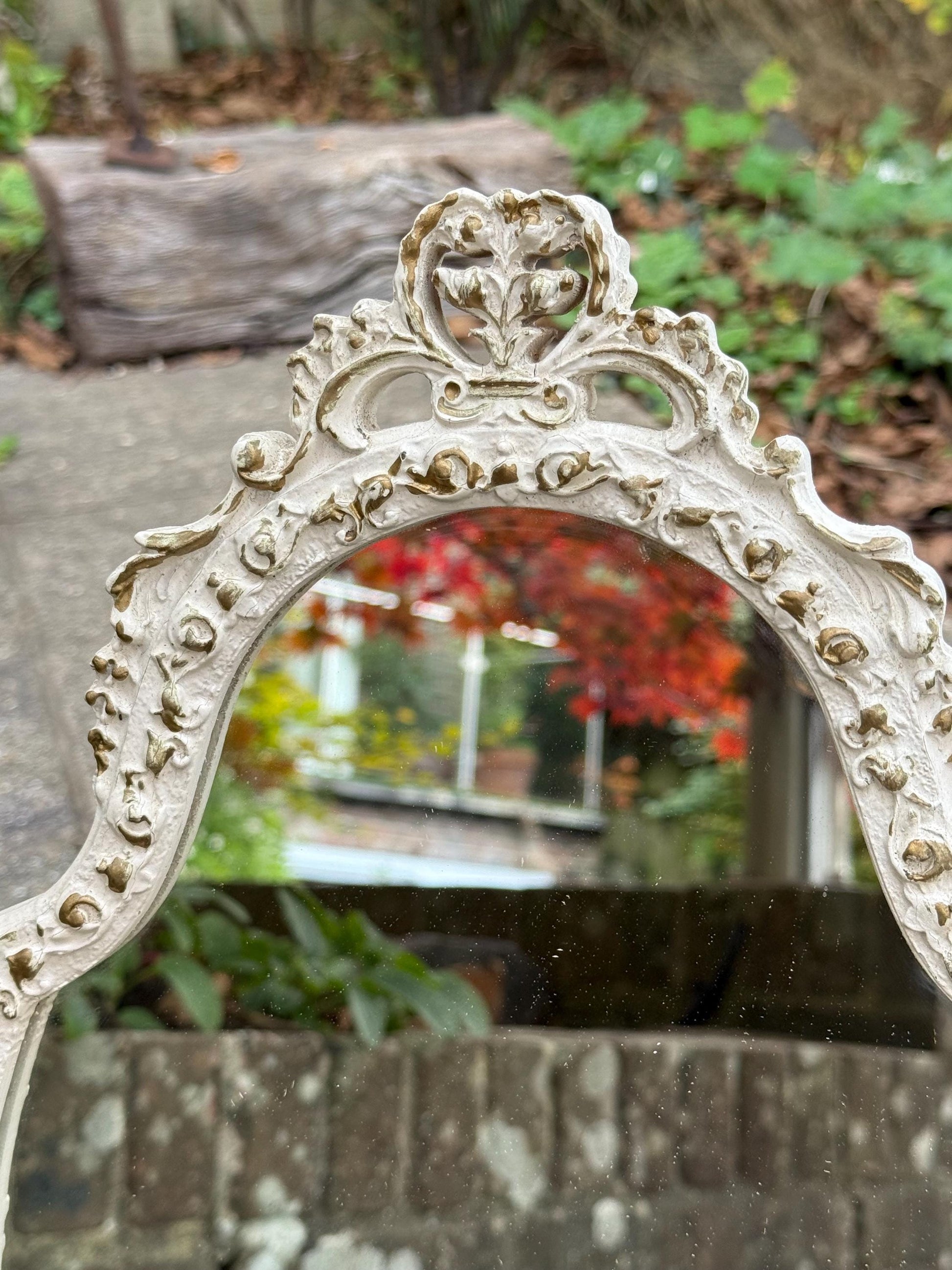 Vintage Ornate Rococo Style Dressing Table Mirror – 1960s Cream Painted Oval Vanity Mirror, ornate decorative Floral Detail, Baroque Decor