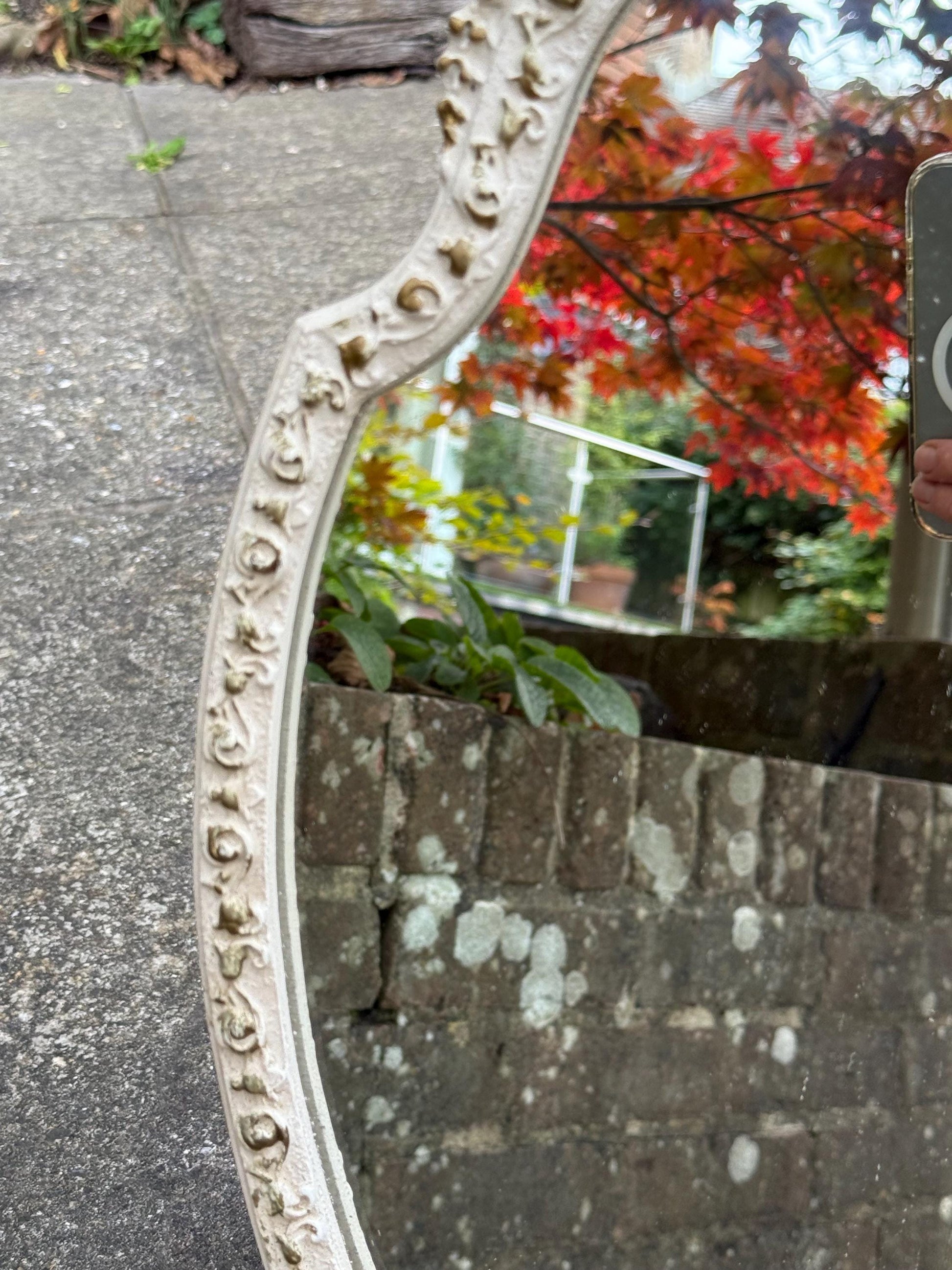 Vintage Ornate Rococo Style Dressing Table Mirror – 1960s Cream Painted Oval Vanity Mirror, ornate decorative Floral Detail, Baroque Decor