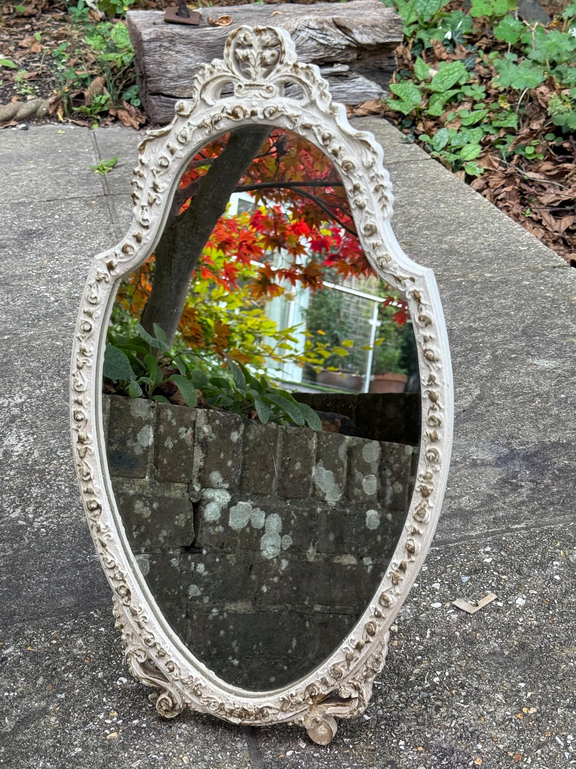 Vintage Ornate Rococo Style Dressing Table Mirror – 1960s Cream Painted Oval Vanity Mirror, ornate decorative Floral Detail, Baroque Decor