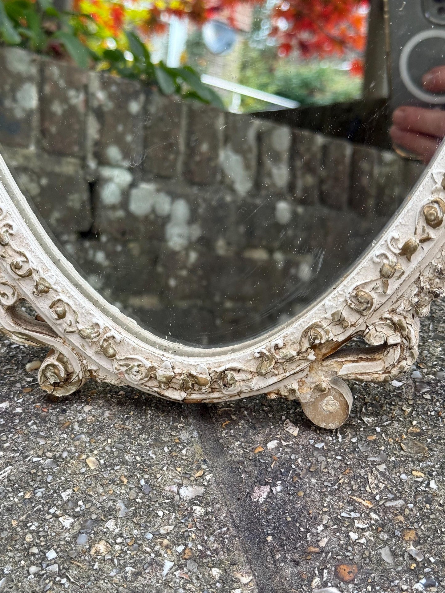 Vintage Ornate Rococo Style Dressing Table Mirror – 1960s Cream Painted Oval Vanity Mirror, ornate decorative Floral Detail, Baroque Decor