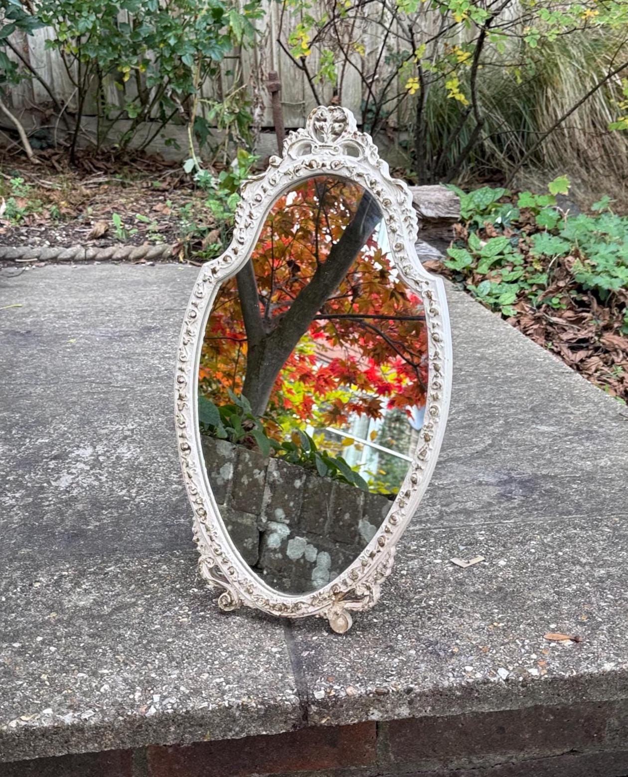 1960s retro dressing table mirror.  ornate french regency style dressing table mirror. vanity mirror, freestanding gold and cream mirror