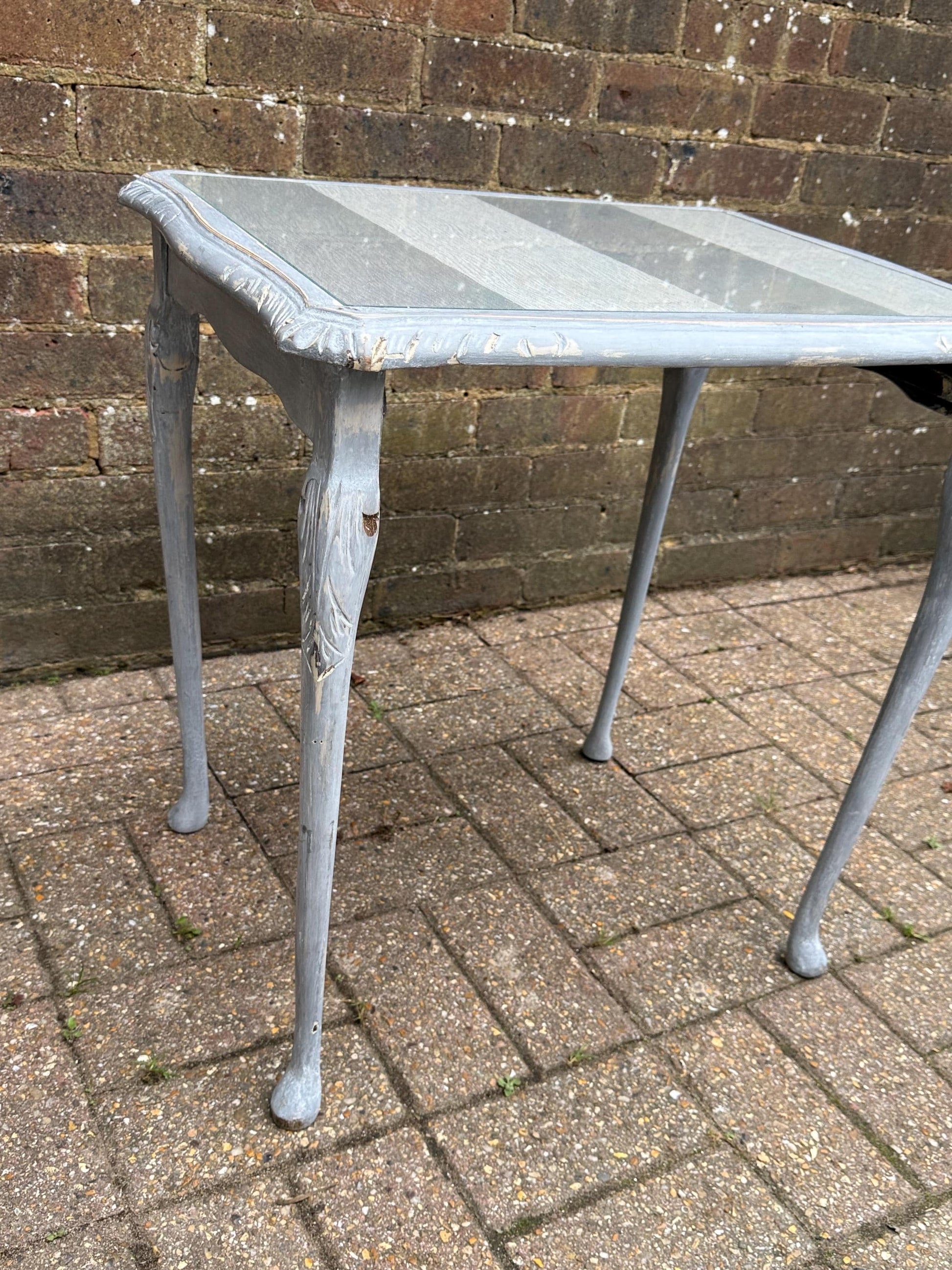 Upcycled vintage side table in shabby chic grey finish, glass top and changeable insert paper; refurbished side table, vintage coffee table