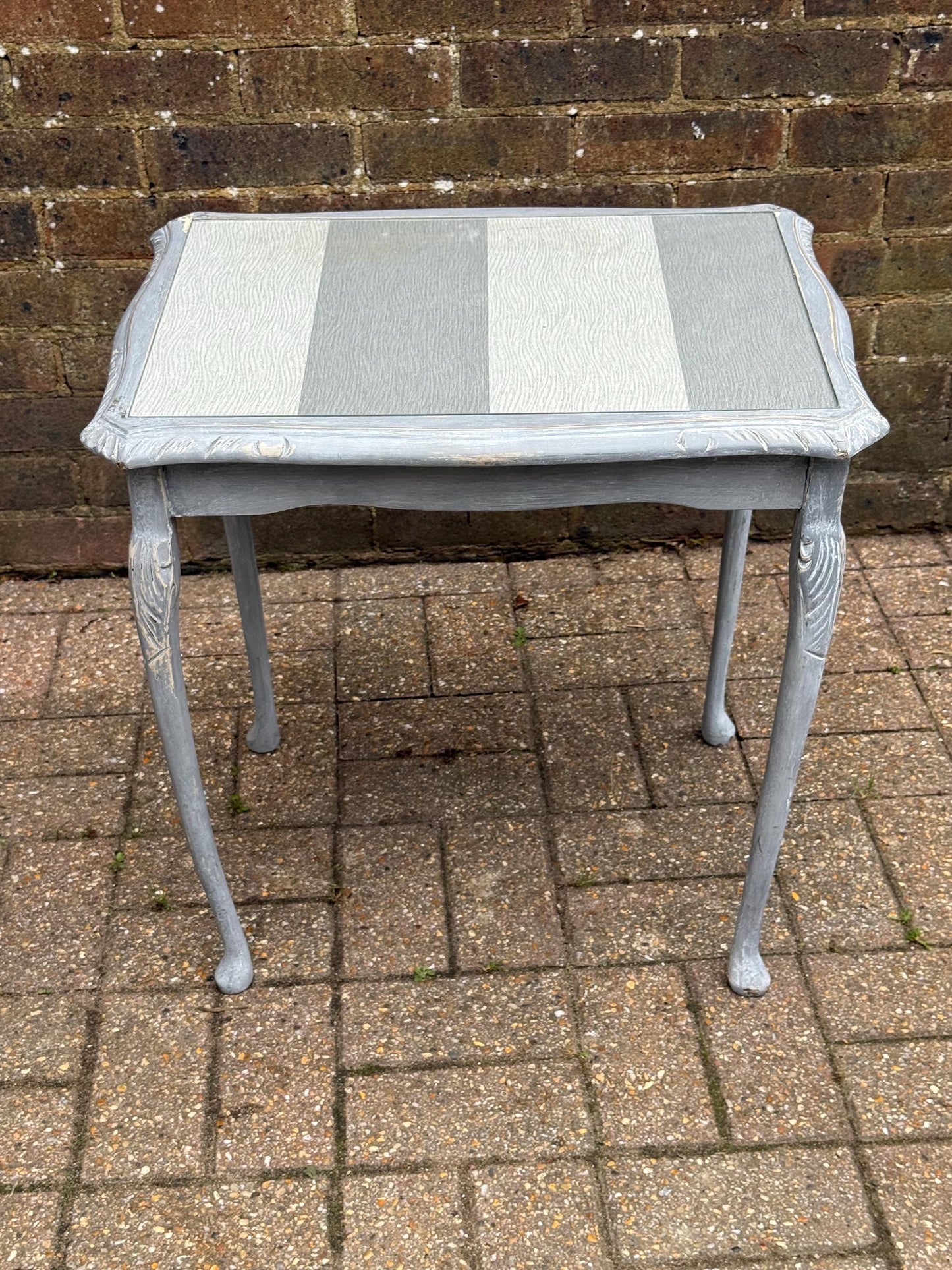 Upcycled vintage side table in shabby chic grey finish, glass top and changeable insert paper; refurbished side table, vintage coffee table