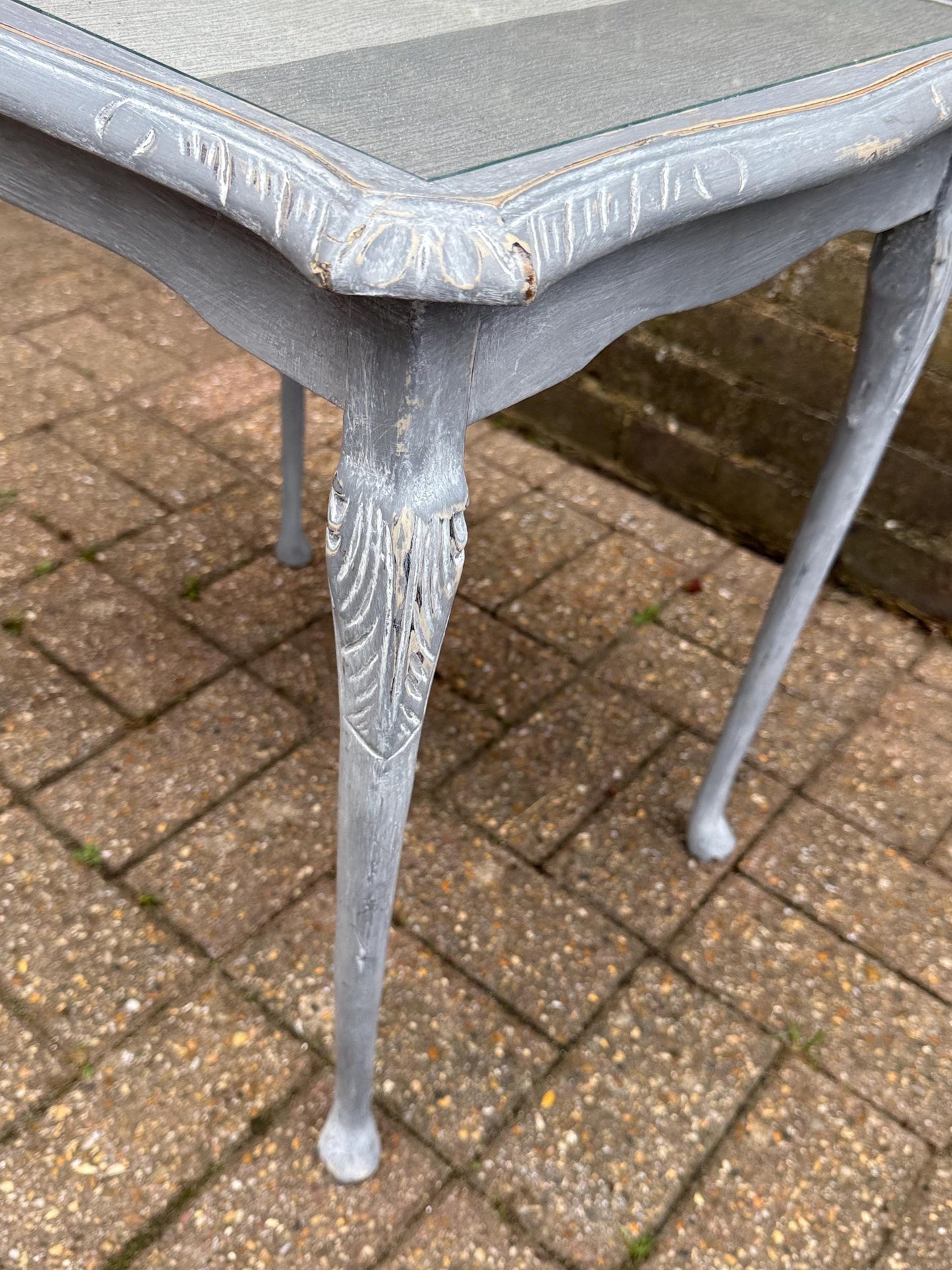 Upcycled vintage side table in shabby chic grey finish, glass top and changeable insert paper; refurbished side table, vintage coffee table