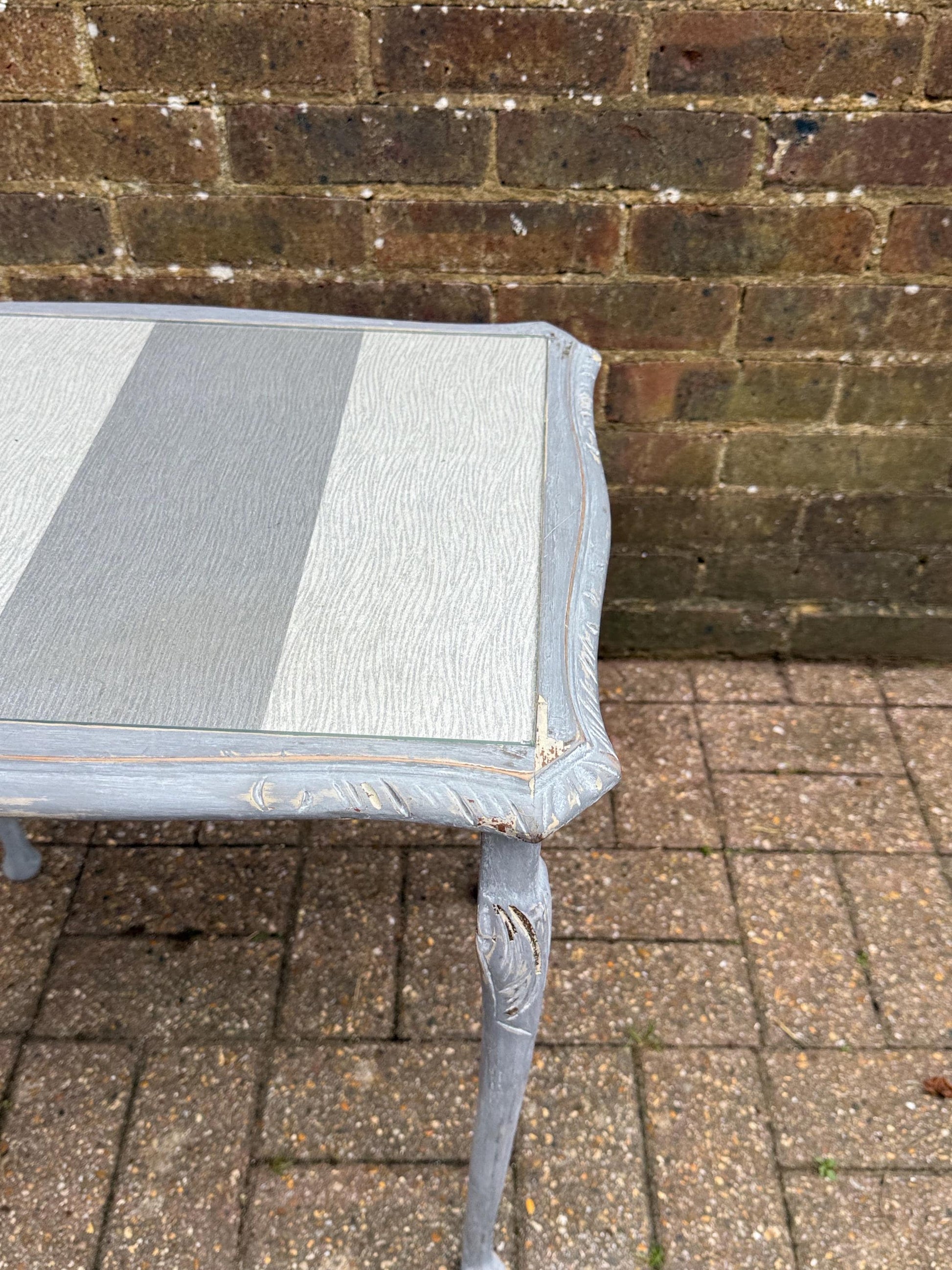 Upcycled vintage side table in shabby chic grey finish, glass top and changeable insert paper; refurbished side table, vintage coffee table