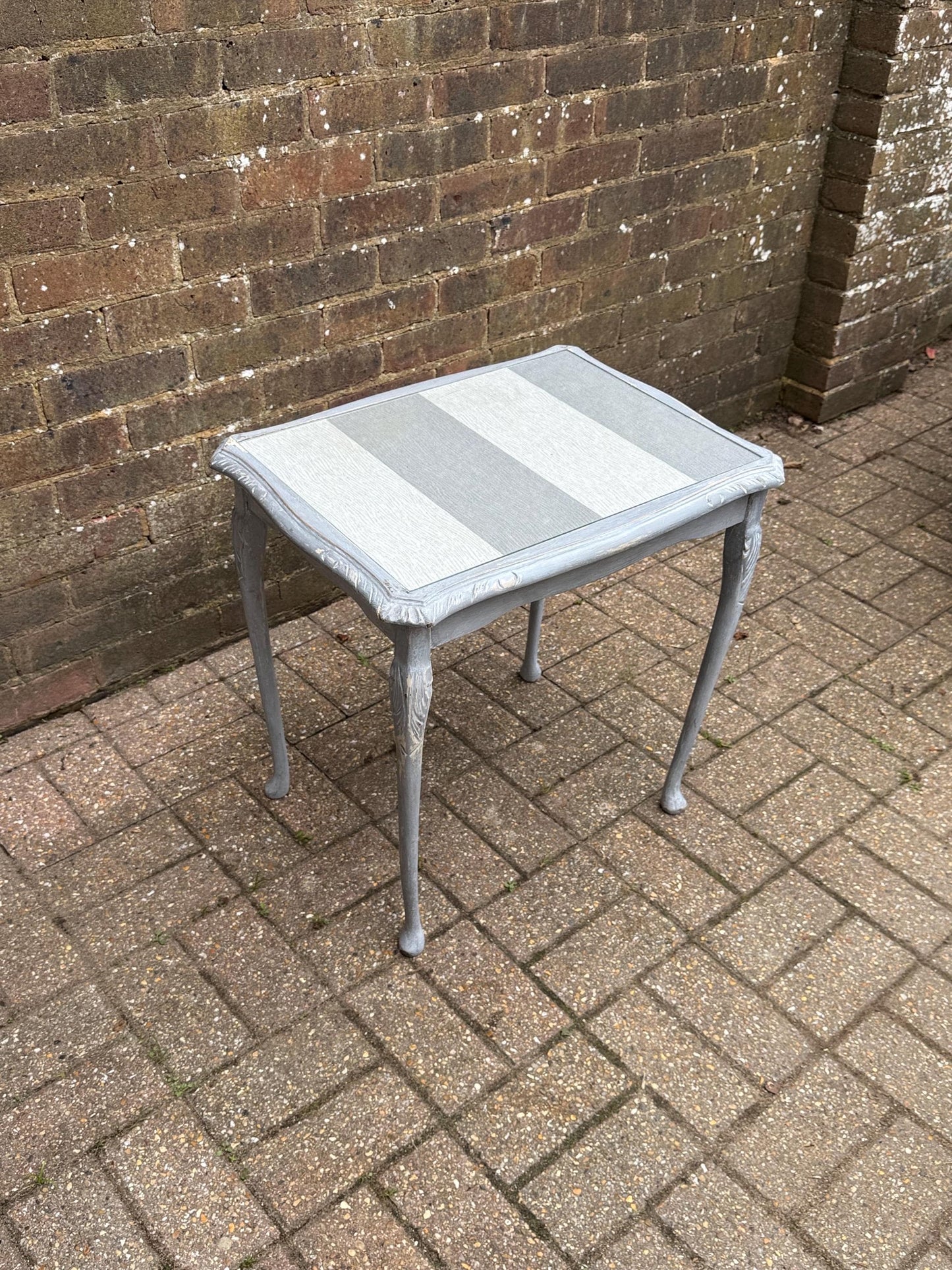 Upcycled vintage side table in shabby chic grey finish, glass top and changeable insert paper; refurbished side table, vintage coffee table